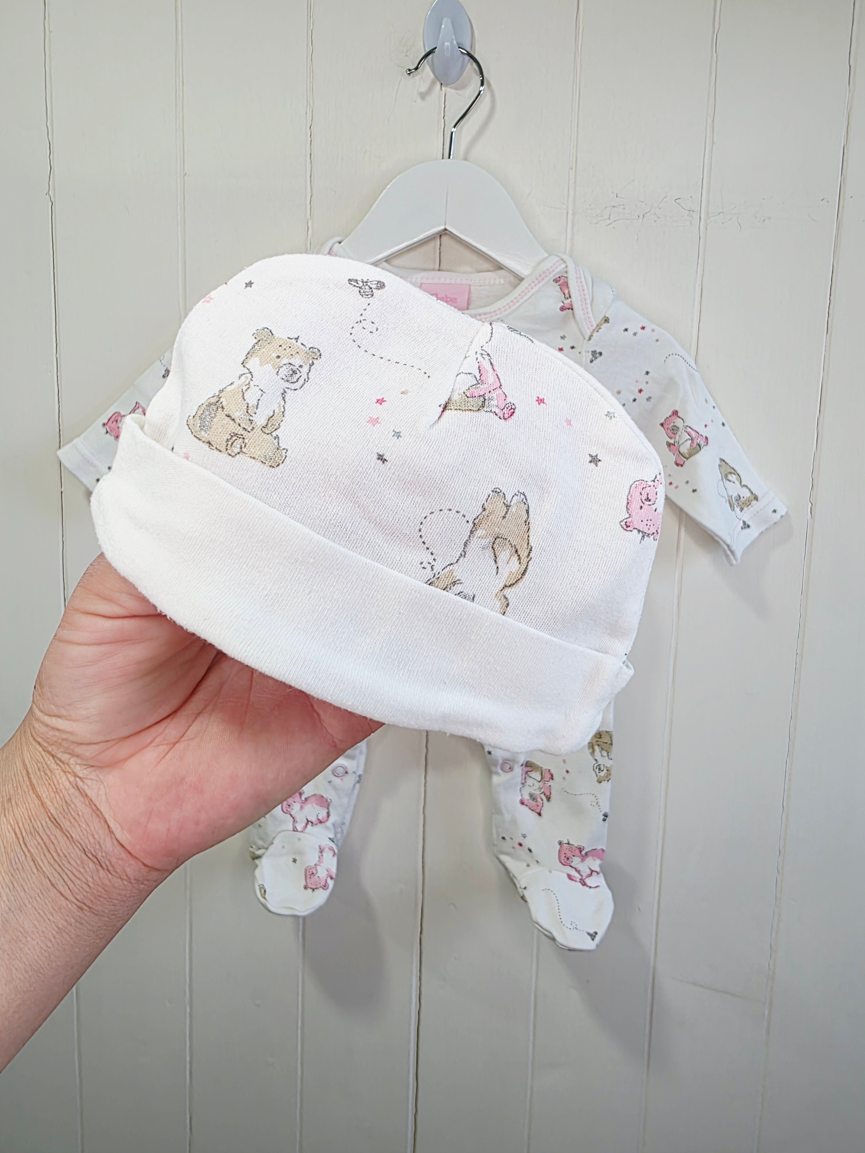 Bebe Bonito - newborn baby girls white sleepsuit with hat featuring bear print