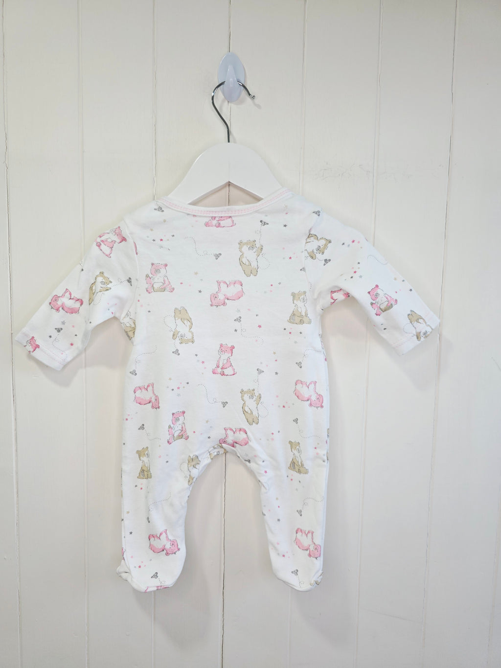 Bebe Bonito - newborn baby girls white sleepsuit with hat featuring bear print
