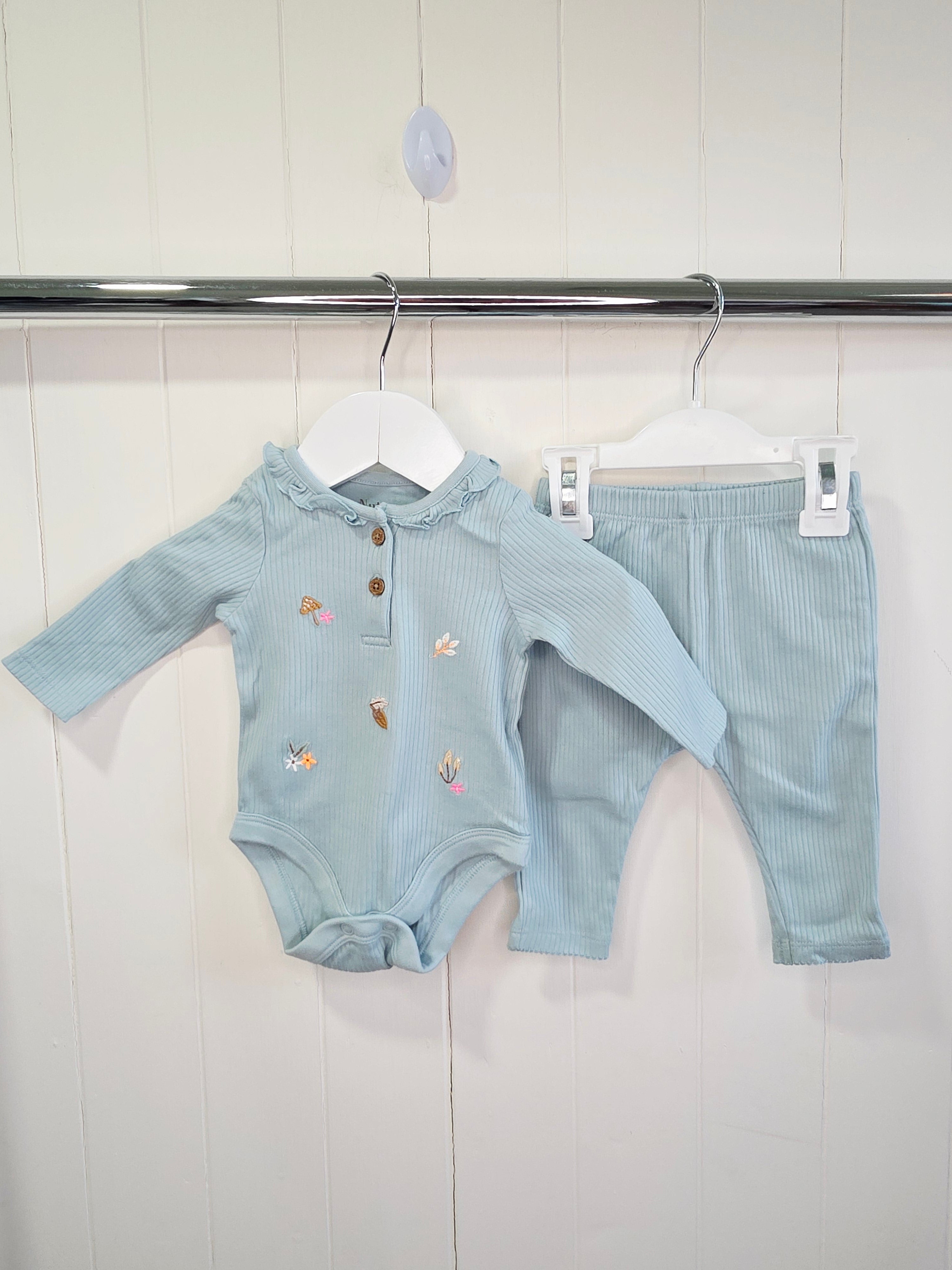 Nutmeg - 0-3 months baby girls sage green long sleeve bodysuit and leggings set