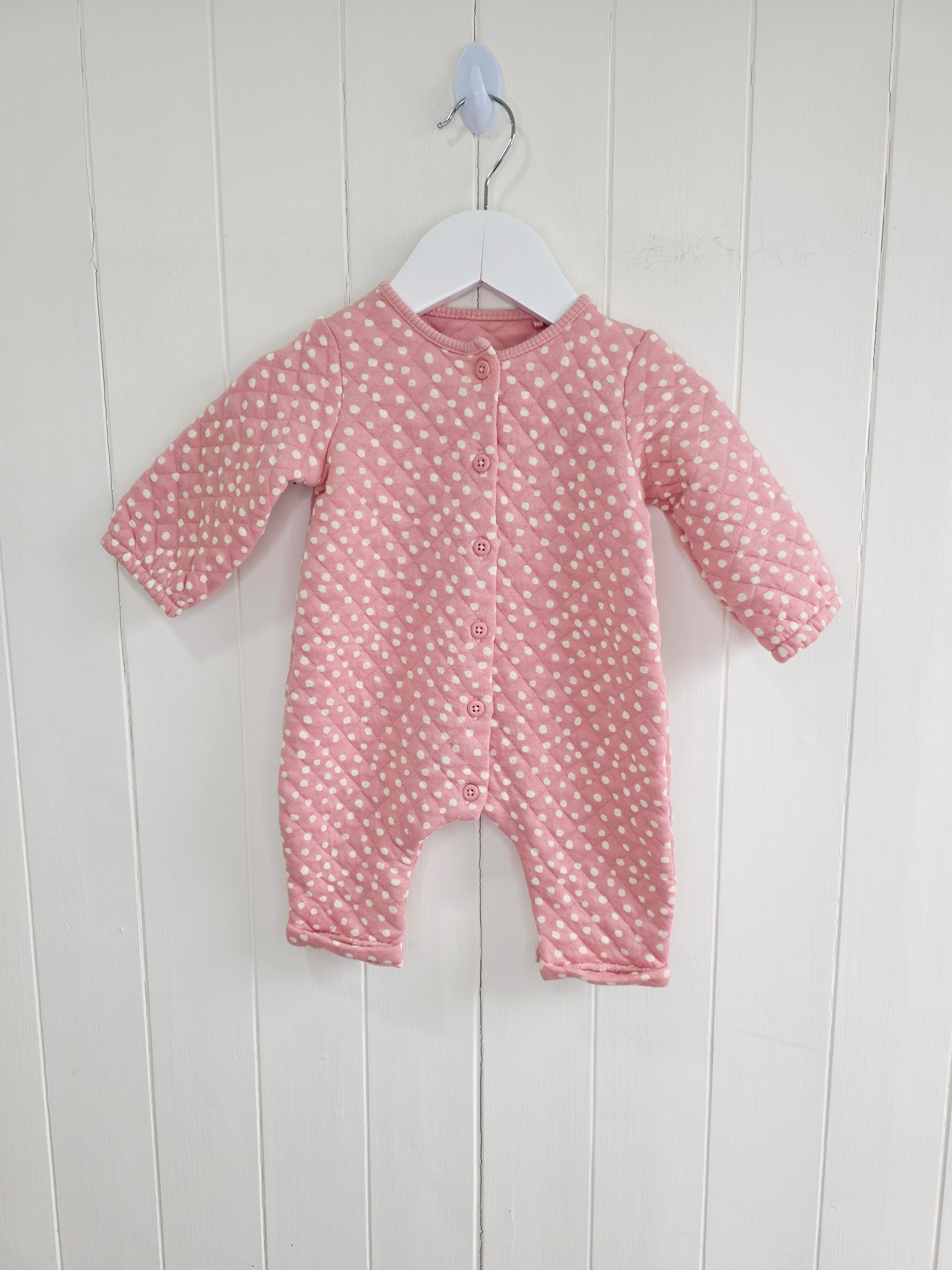 Next - up to 3 months girls pink and white polka dot quilted footless sleepsuit/romper