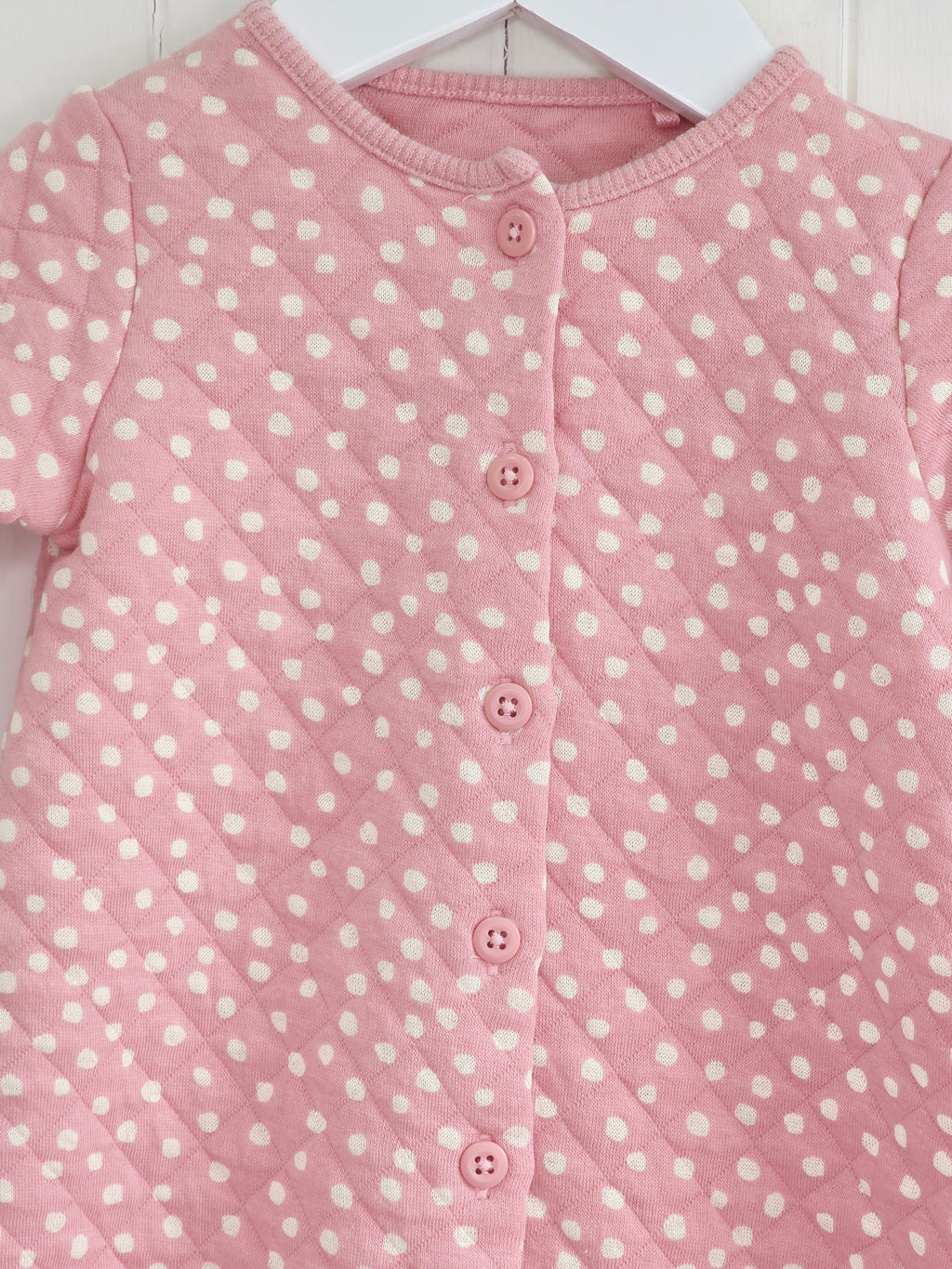 Next - up to 3 months girls pink and white polka dot quilted footless sleepsuit/romper