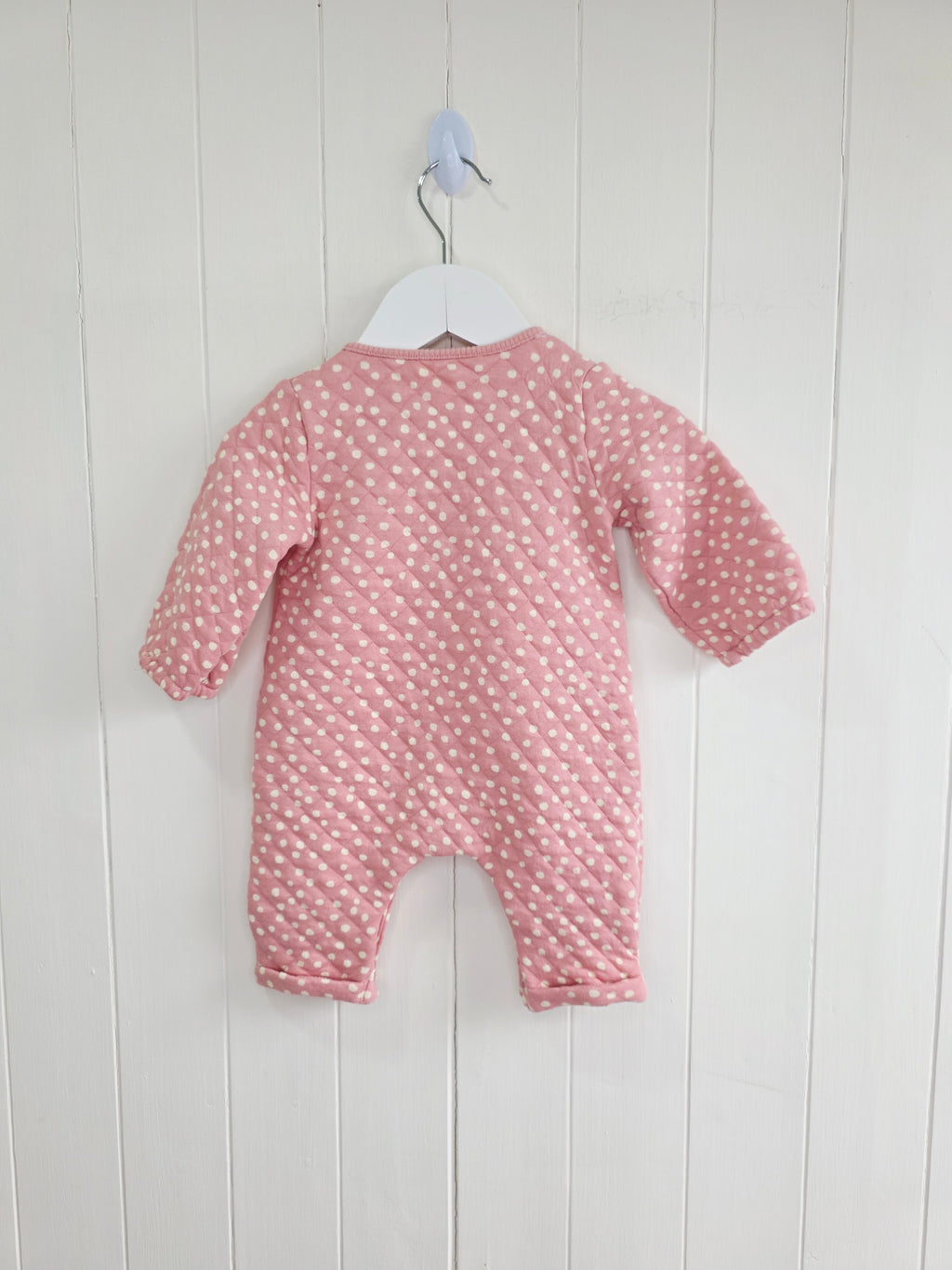Next - up to 3 months girls pink and white polka dot quilted footless sleepsuit/romper
