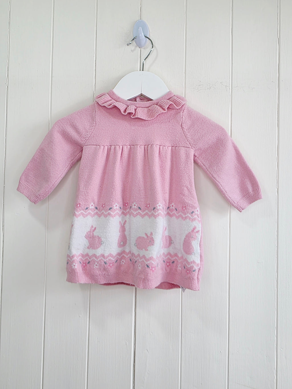 Nutmeg - 0-3 months pink knitted bunny dress featuring a ruffled neckline
