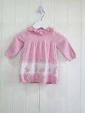 Nutmeg - 0-3 months pink knitted bunny dress featuring a ruffled neckline