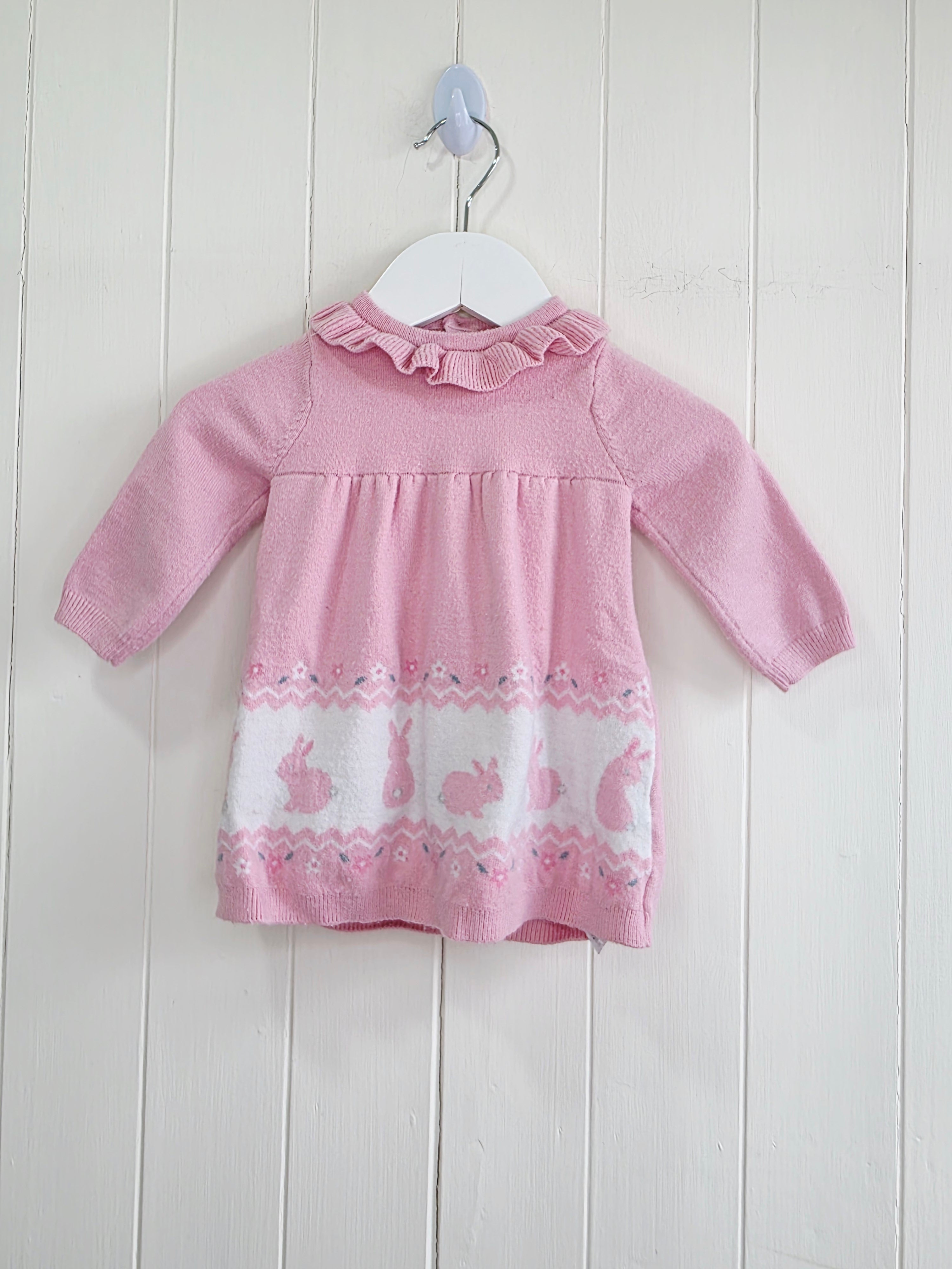 Nutmeg - 0-3 months pink knitted bunny dress featuring a ruffled neckline
