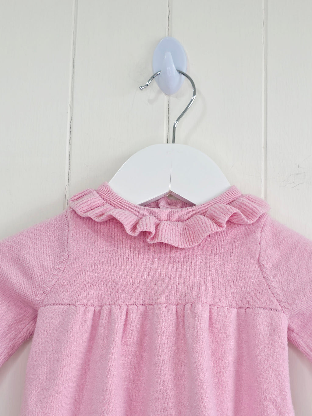Nutmeg - 0-3 months pink knitted bunny dress featuring a ruffled neckline