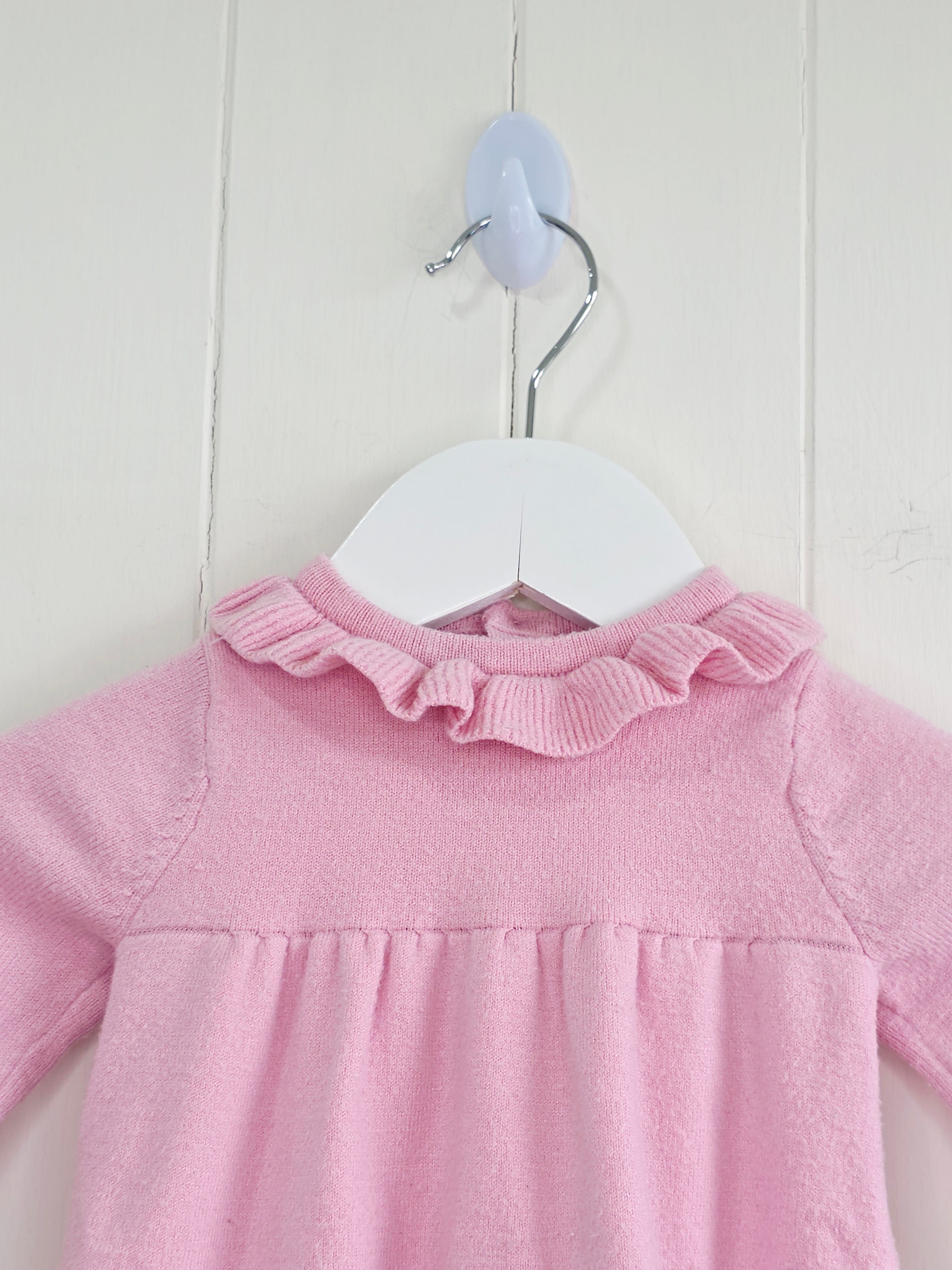 Nutmeg - 0-3 months pink knitted bunny dress featuring a ruffled neckline