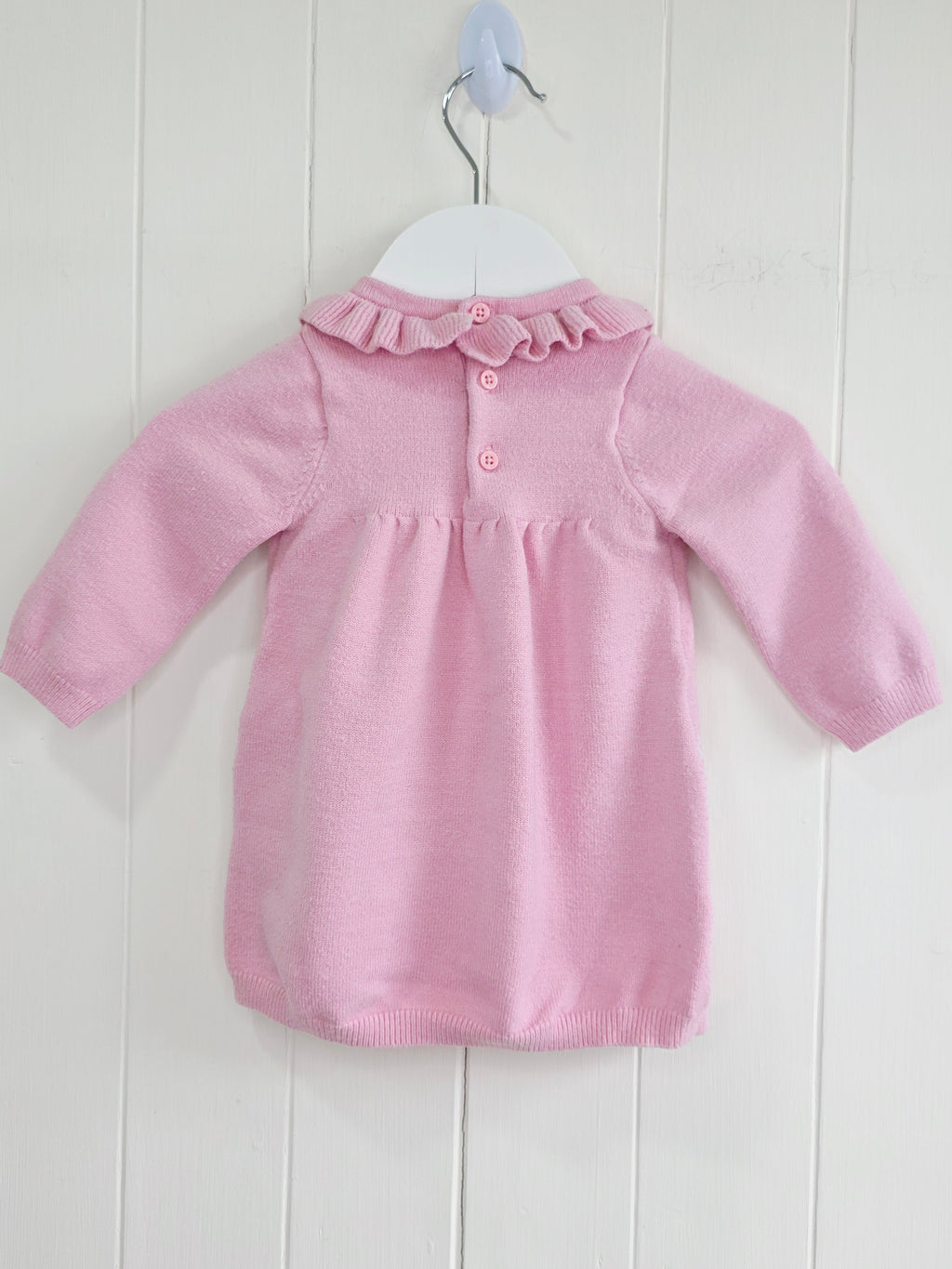 Nutmeg - 0-3 months pink knitted bunny dress featuring a ruffled neckline