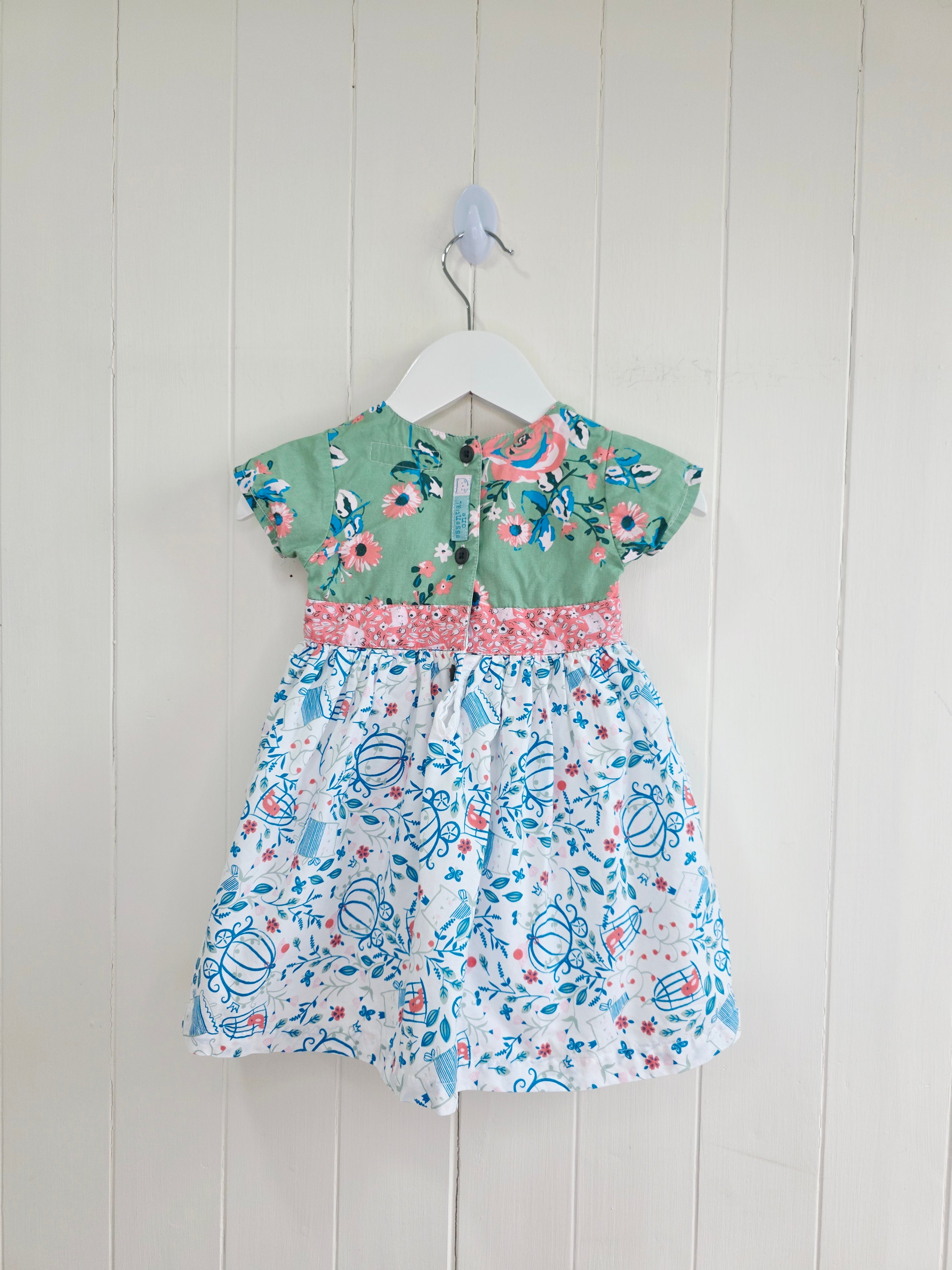 The essential one - 3-6 months green floral bodice and a white skirt printed with blue outlines of cages and flowers dress