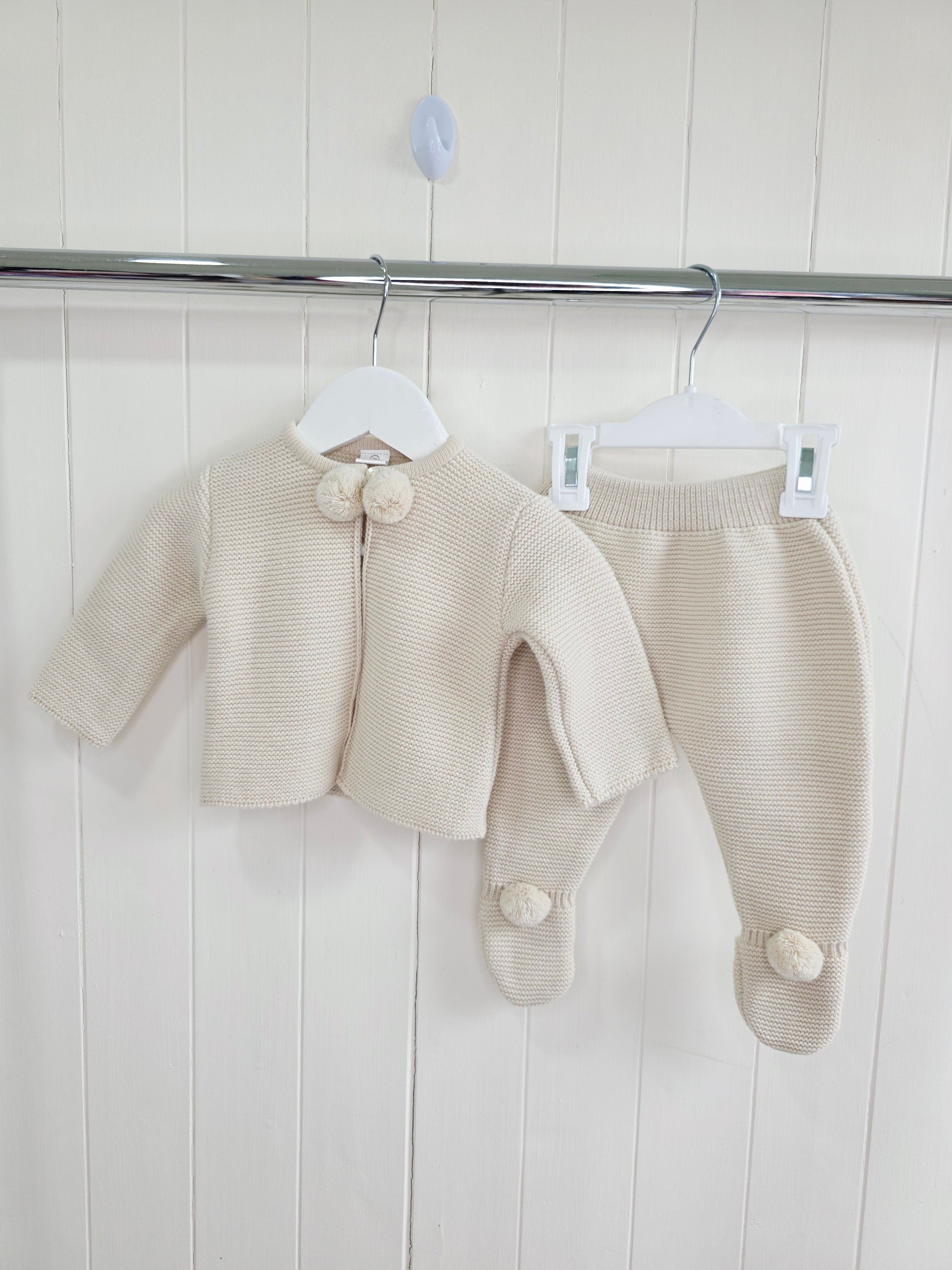 Dandelion - 3 months beige knitted pom pom outfit is a two-piece baby set featuring a cardigan and footed leggings