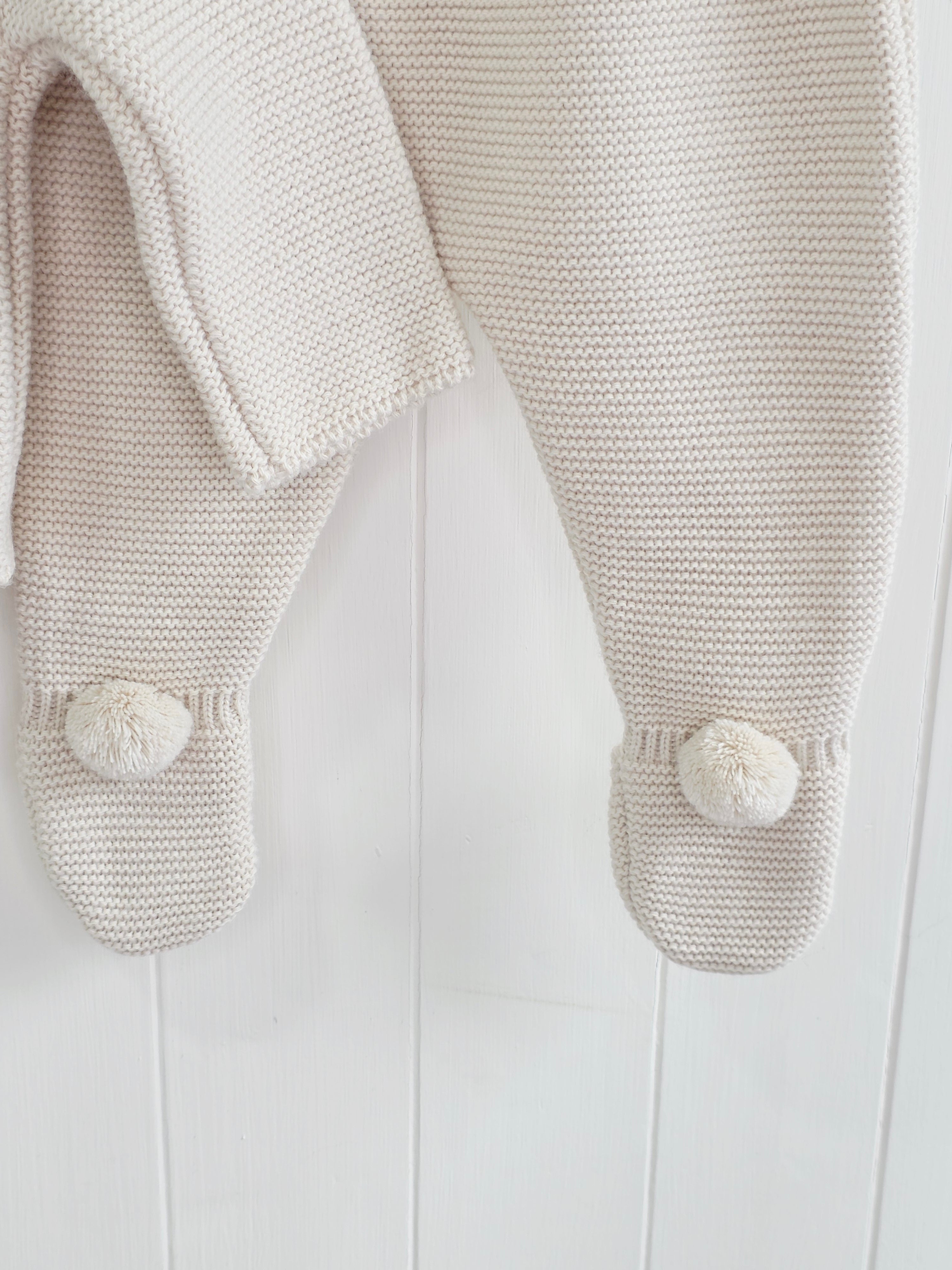 Dandelion - 3 months beige knitted pom pom outfit is a two-piece baby set featuring a cardigan and footed leggings