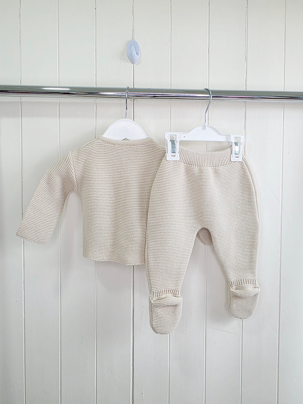Dandelion - 3 months beige knitted pom pom outfit is a two-piece baby set featuring a cardigan and footed leggings