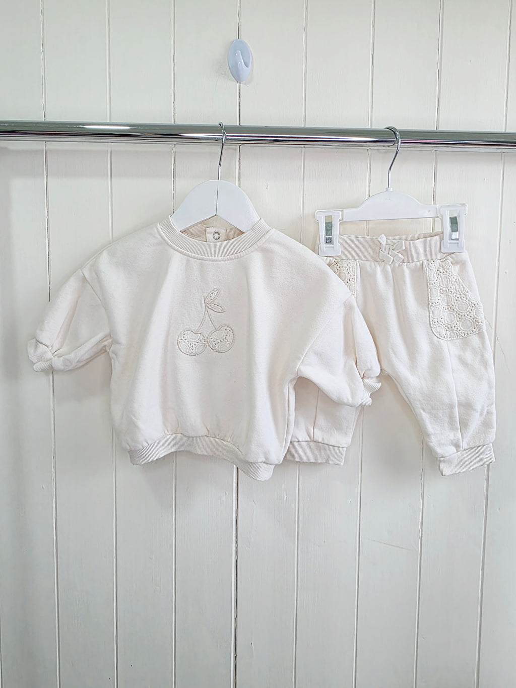 George - 0-3 months cream sweatshirt and joggers set features a broderie cherry embroidered design