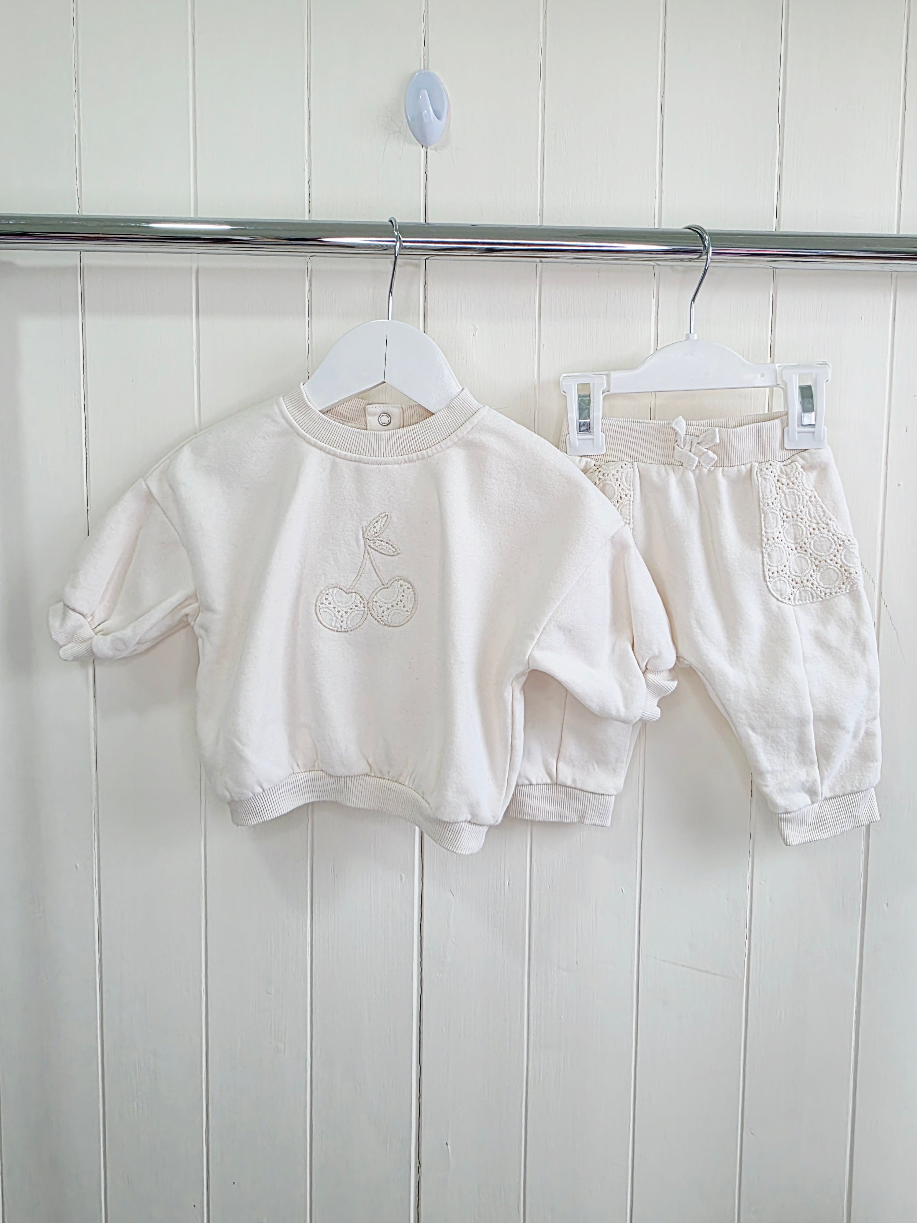 George - 0-3 months cream sweatshirt and joggers set features a broderie cherry embroidered design