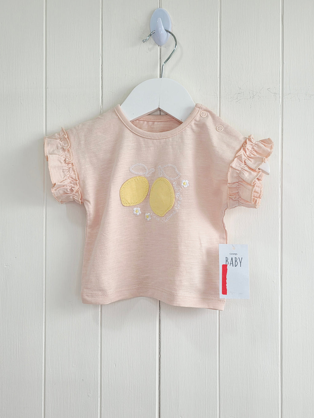 George - 0-3 months girls t-shirt featuring frill sleeves and lemon applique