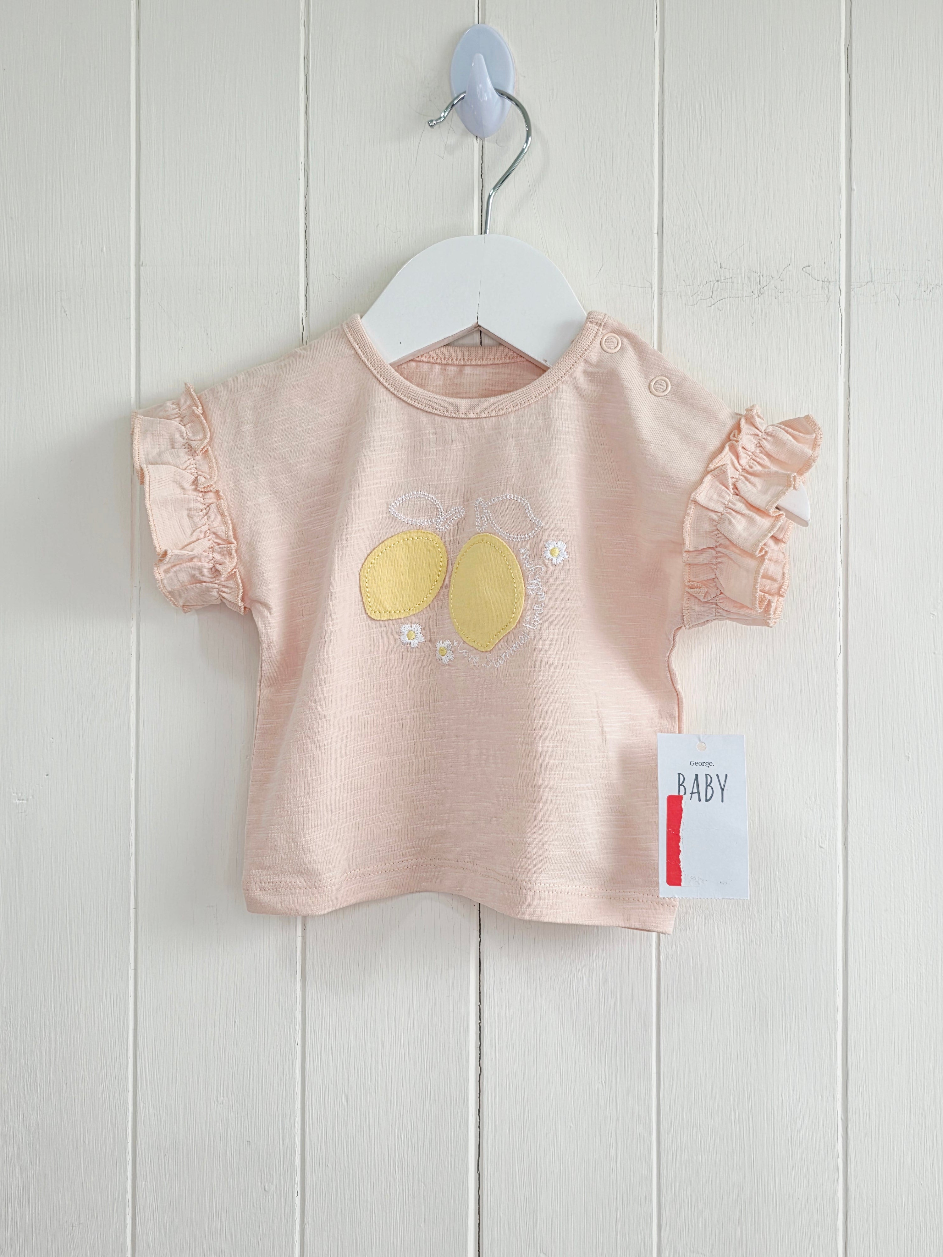 George - 0-3 months girls t-shirt featuring frill sleeves and lemon applique