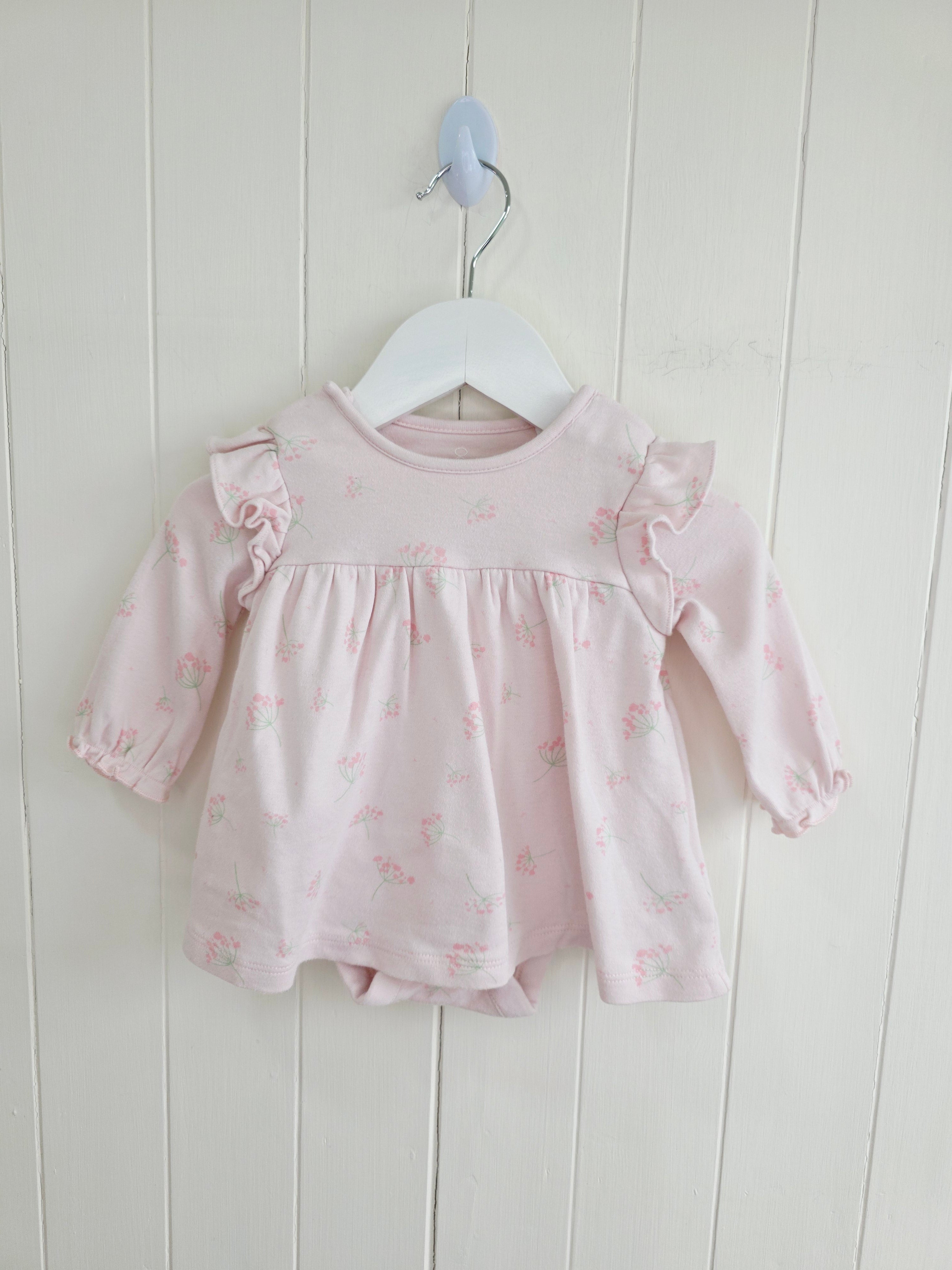 Mothercare - 1-3 months pink cotton dress with an integrated bodysuit featuring a charming floral print