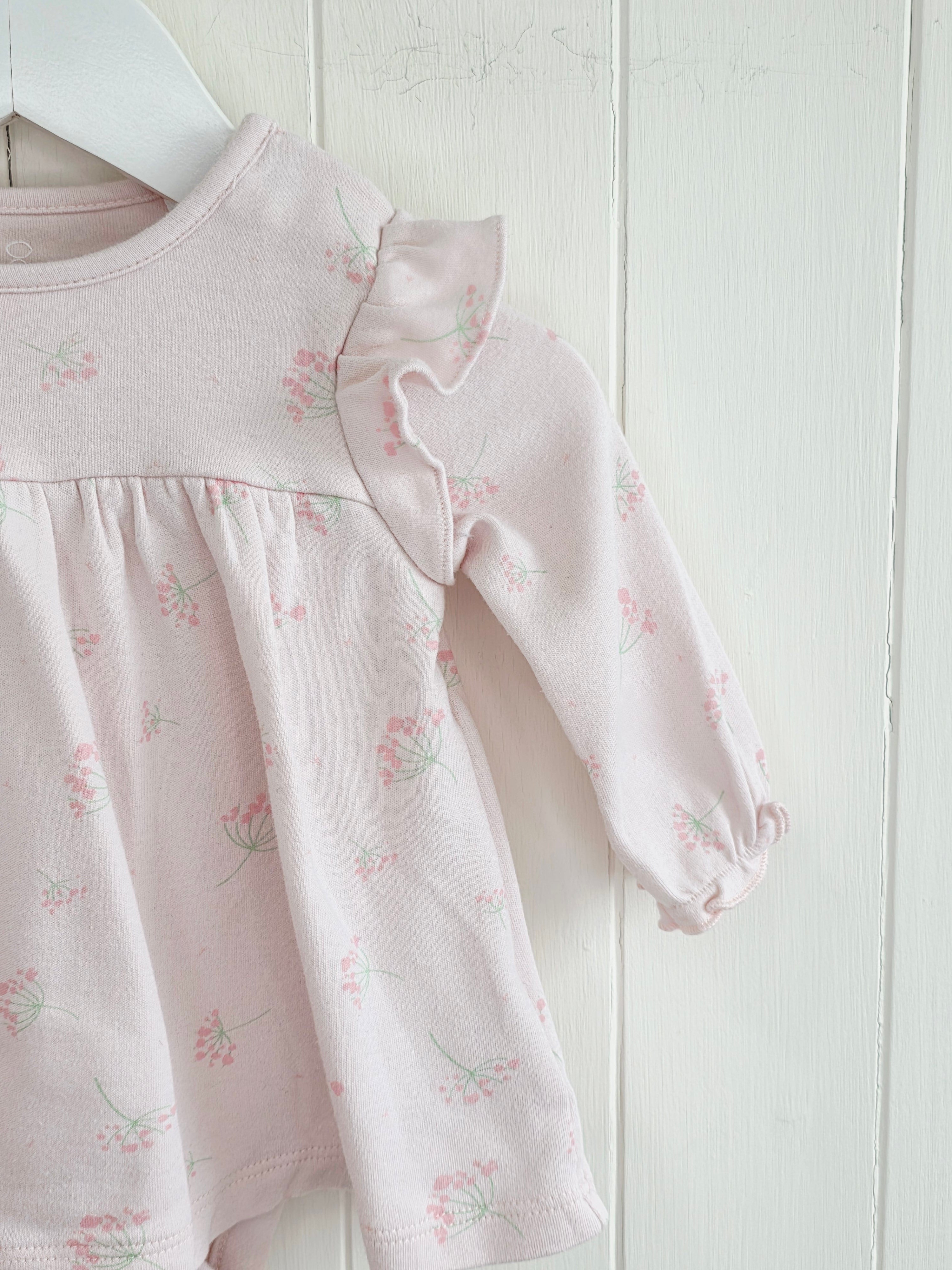 Mothercare - 1-3 months pink cotton dress with an integrated bodysuit featuring a charming floral print