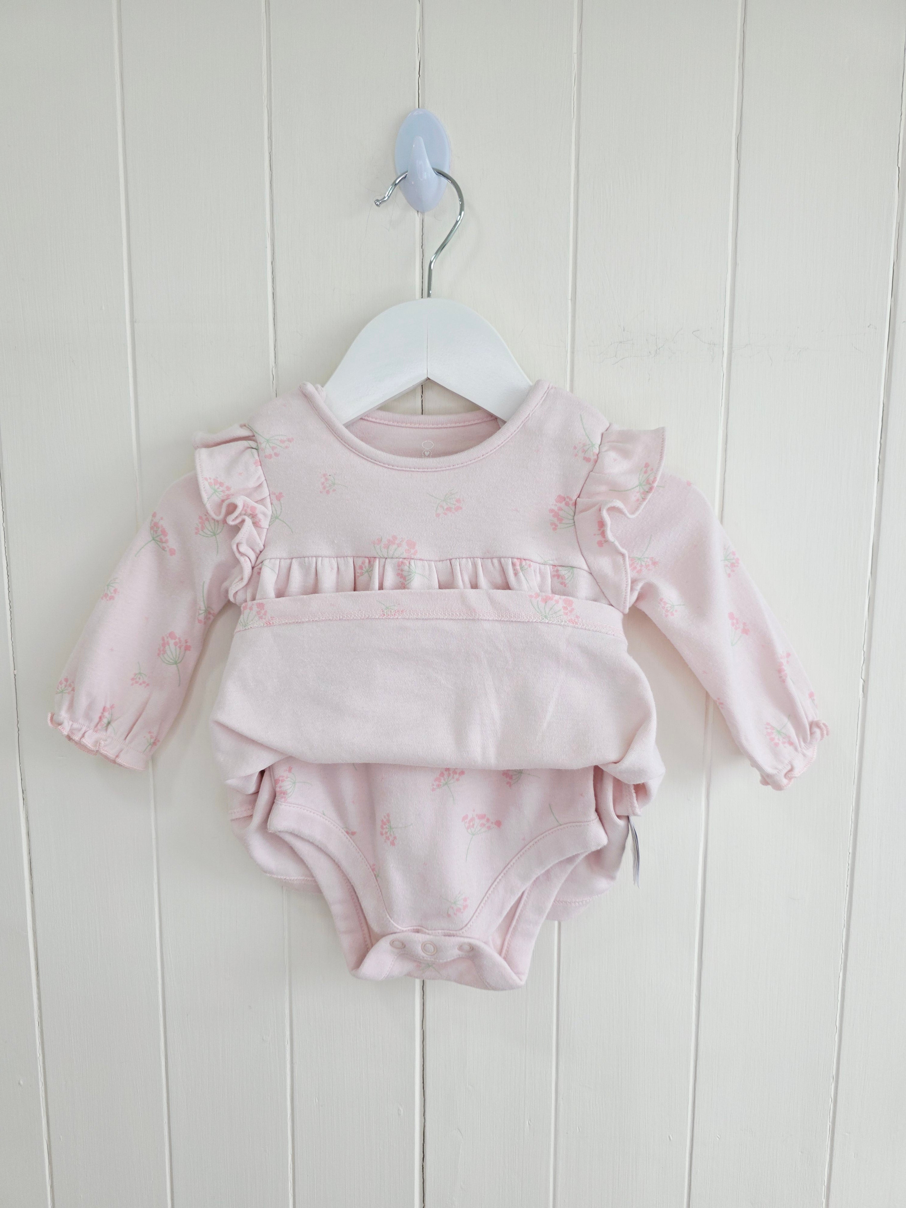 Mothercare - 1-3 months pink cotton dress with an integrated bodysuit featuring a charming floral print