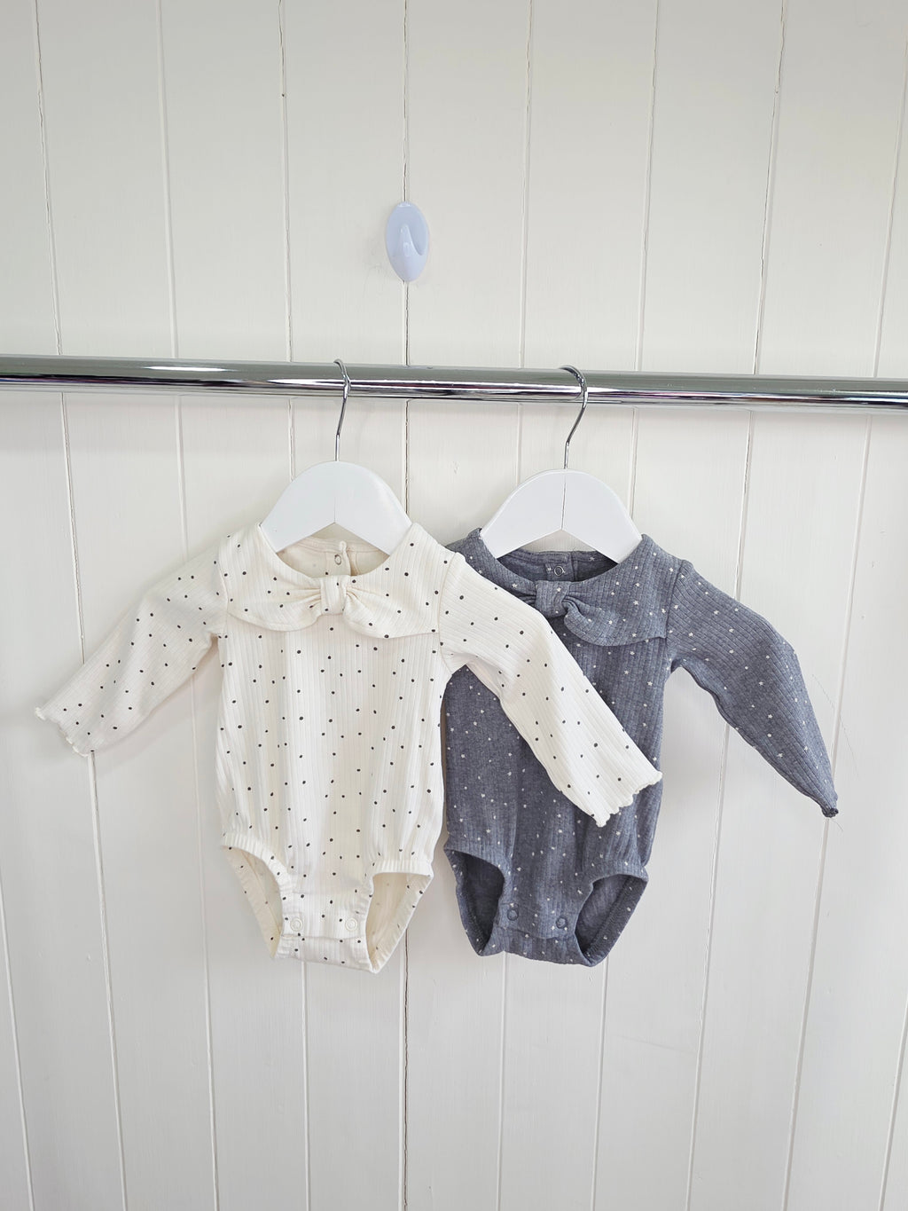 Next - up to 3 months girls cream and grey polka dot long sleeve bodysuits set