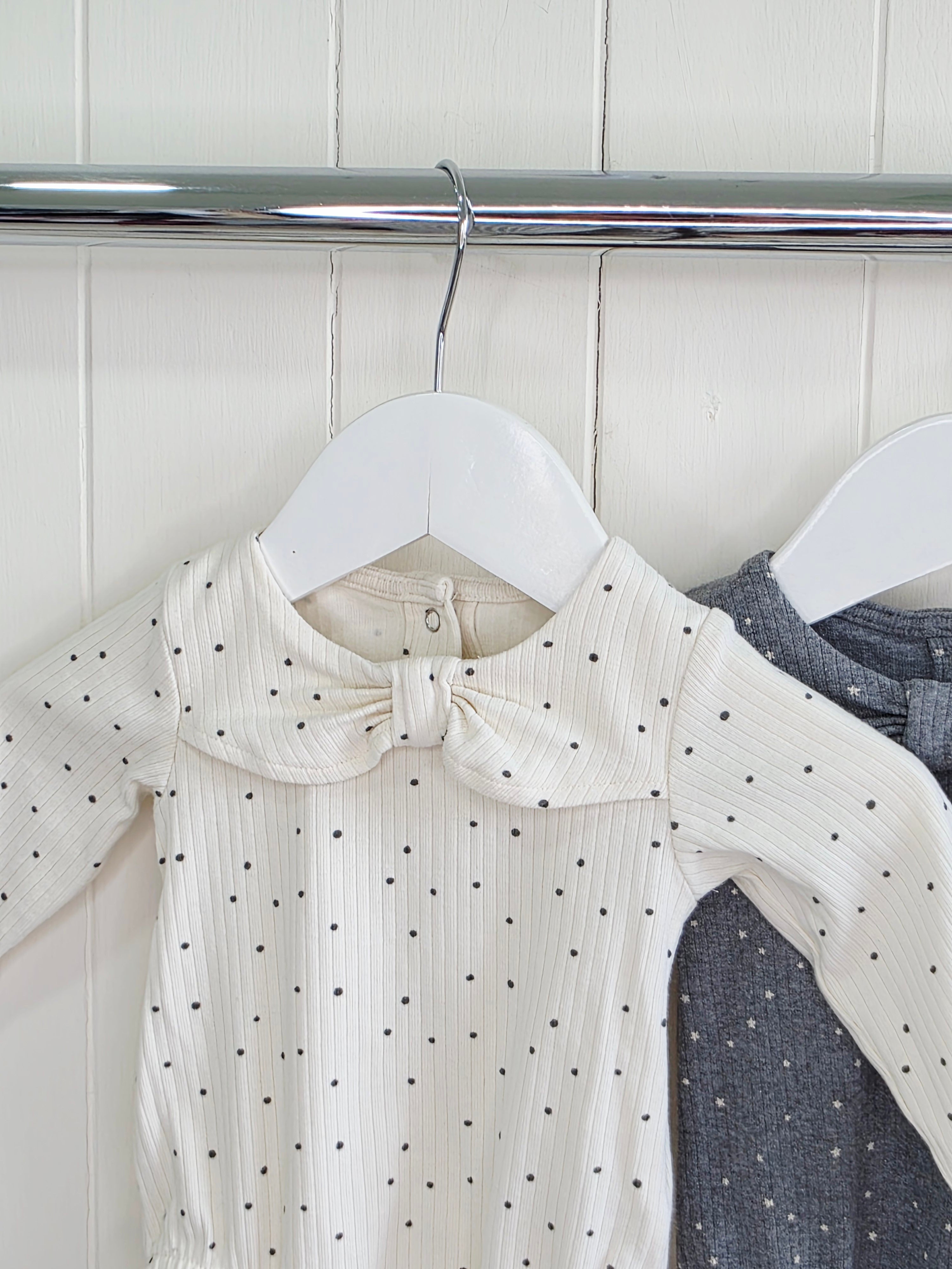 Next - up to 3 months girls cream and grey polka dot long sleeve bodysuits set