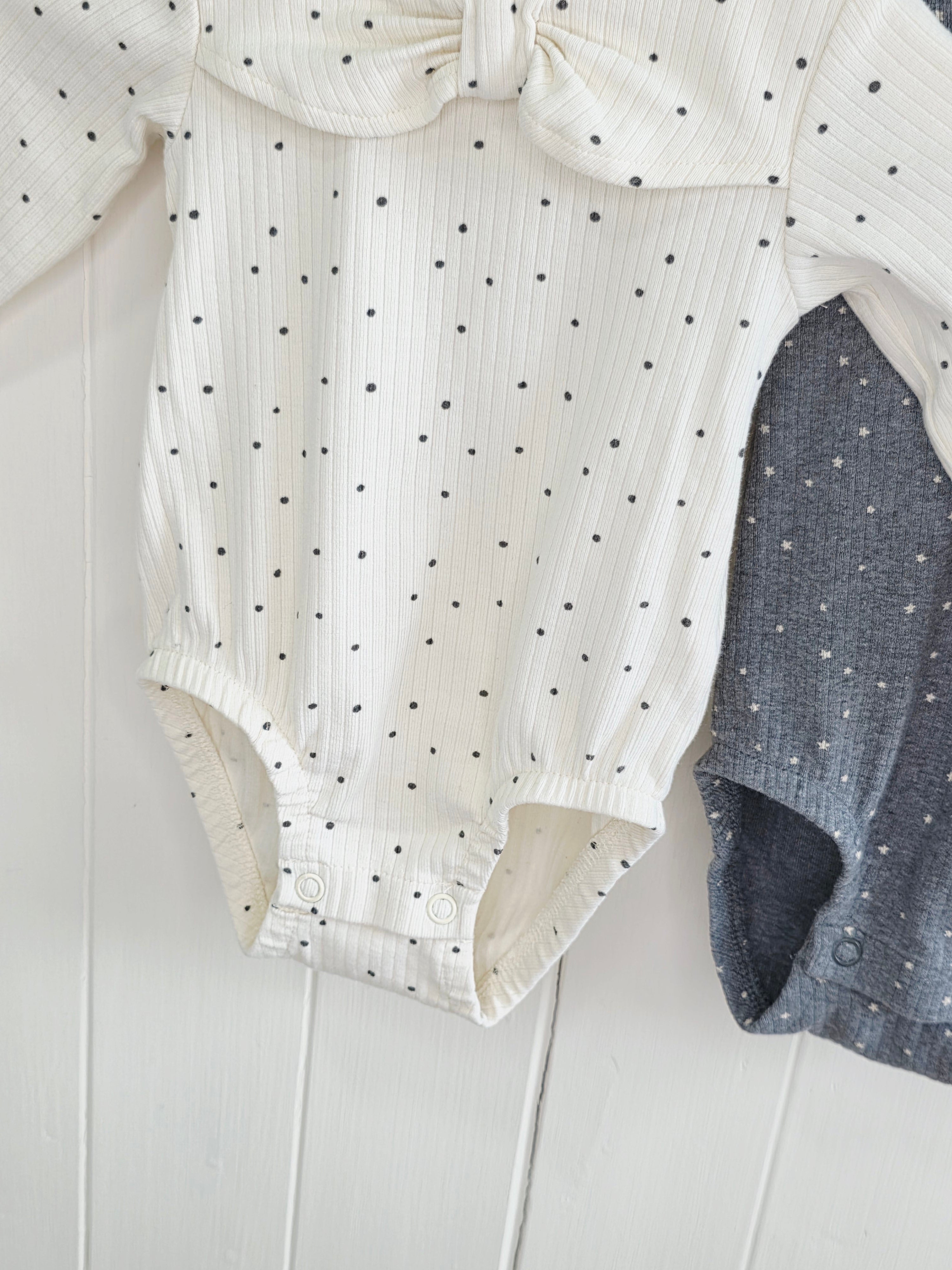 Next - up to 3 months girls cream and grey polka dot long sleeve bodysuits set