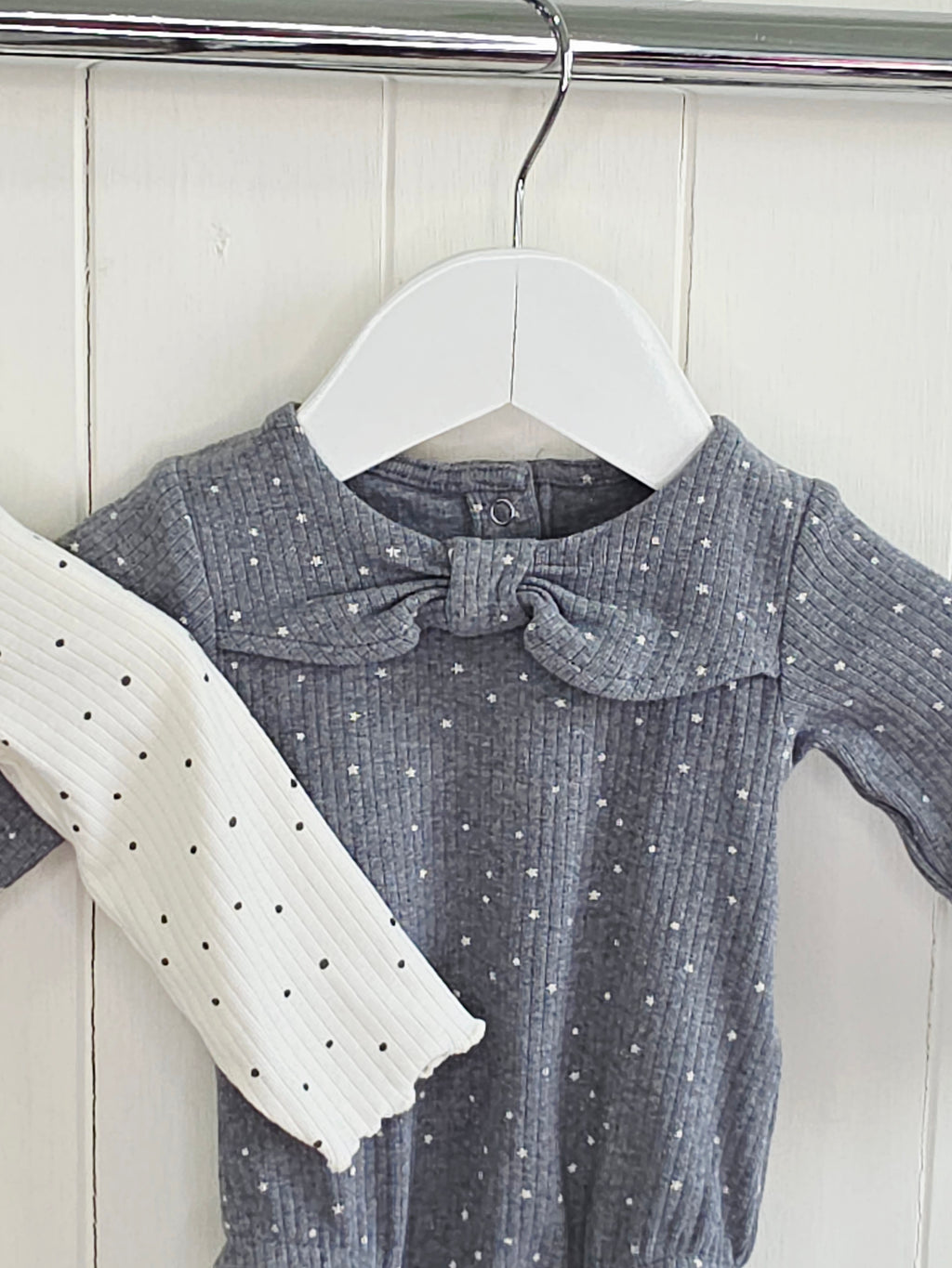Next - up to 3 months girls cream and grey polka dot long sleeve bodysuits set
