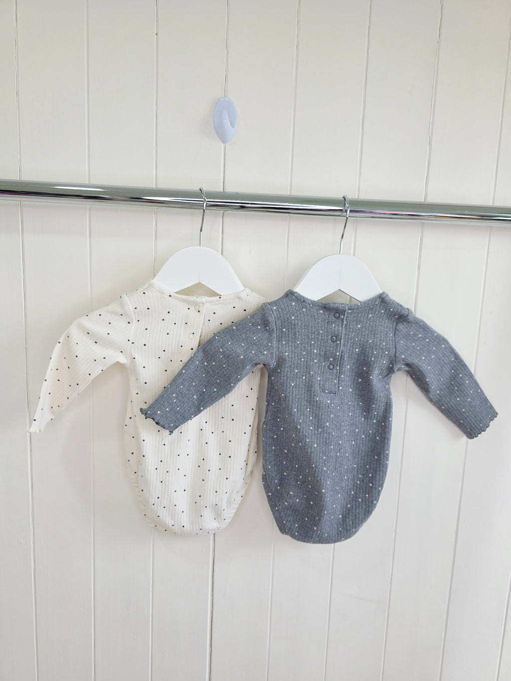 Next - up to 3 months girls cream and grey polka dot long sleeve bodysuits set