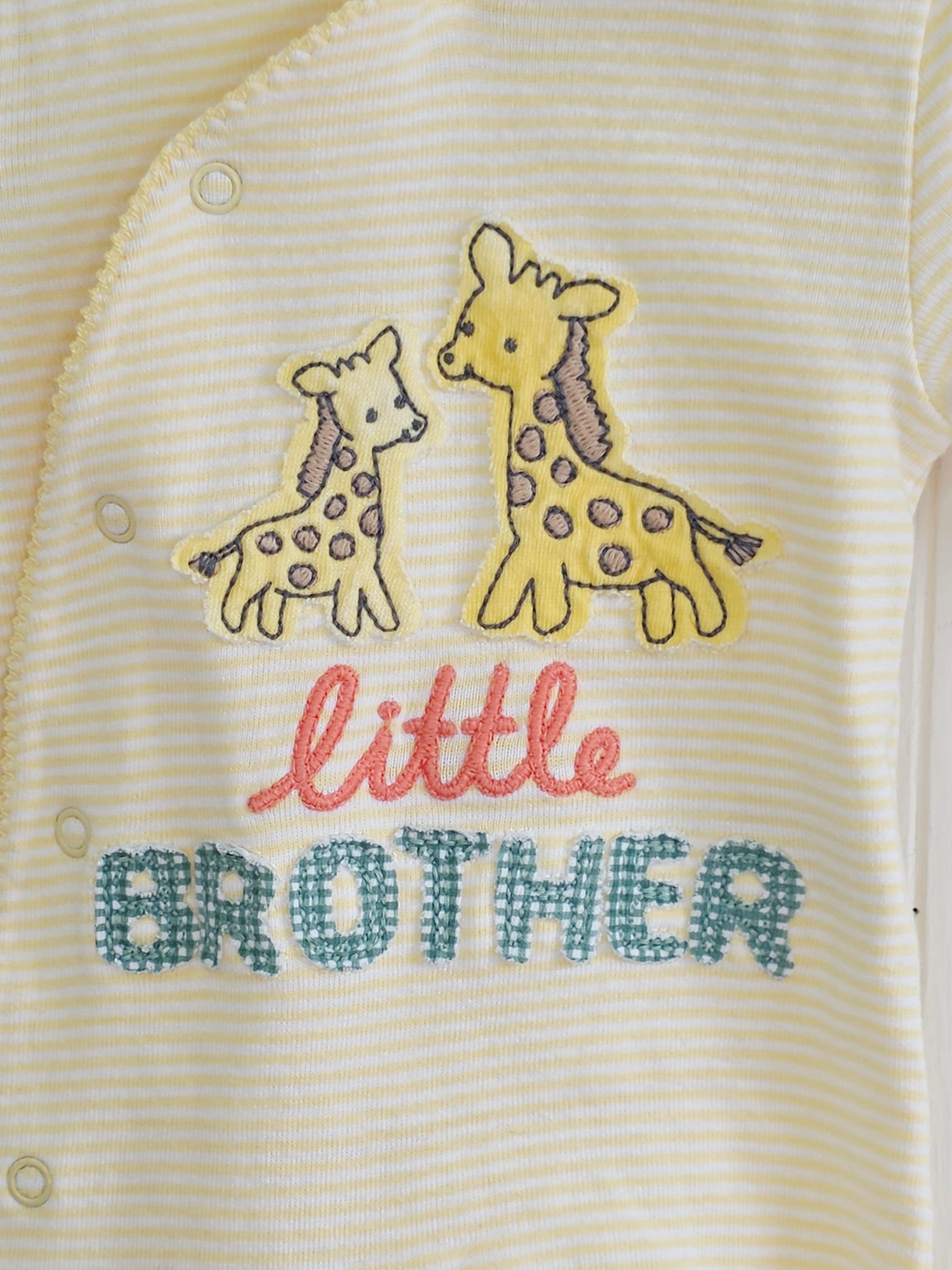 M&S - Newborn "Little brother" yellow sleepsuit featuring giraffe applique
