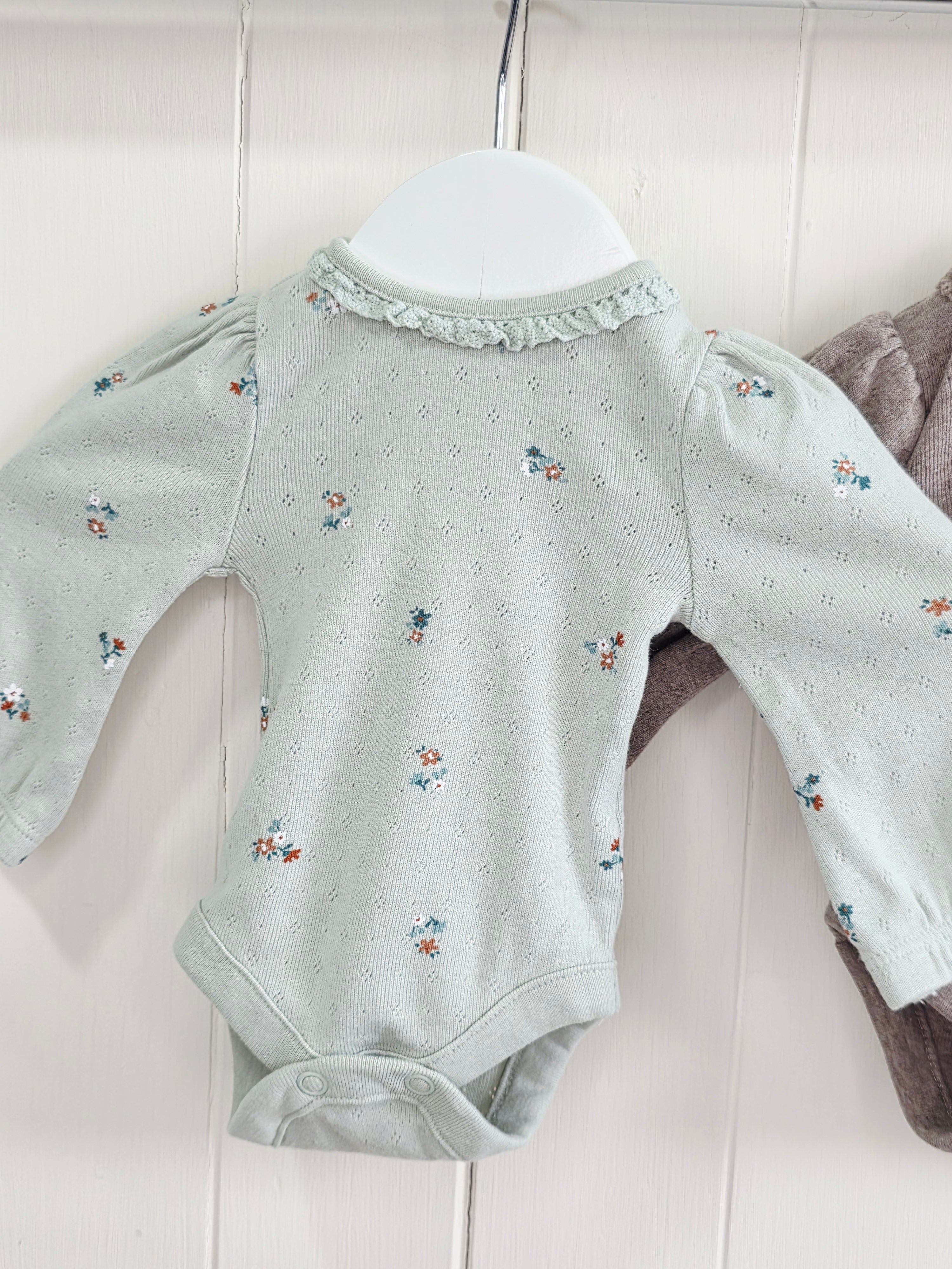 Next - first size girls sage green and beige long sleeve bodysuits set