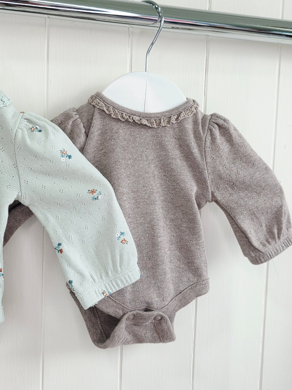 Next - first size girls sage green and beige long sleeve bodysuits set