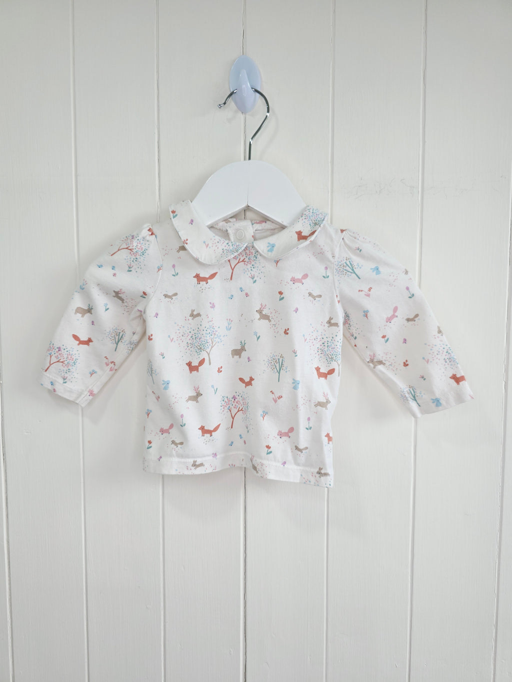 Nutmeg - 0-3 months girls woodland themed long sleeve top featuring Peter Pan collar