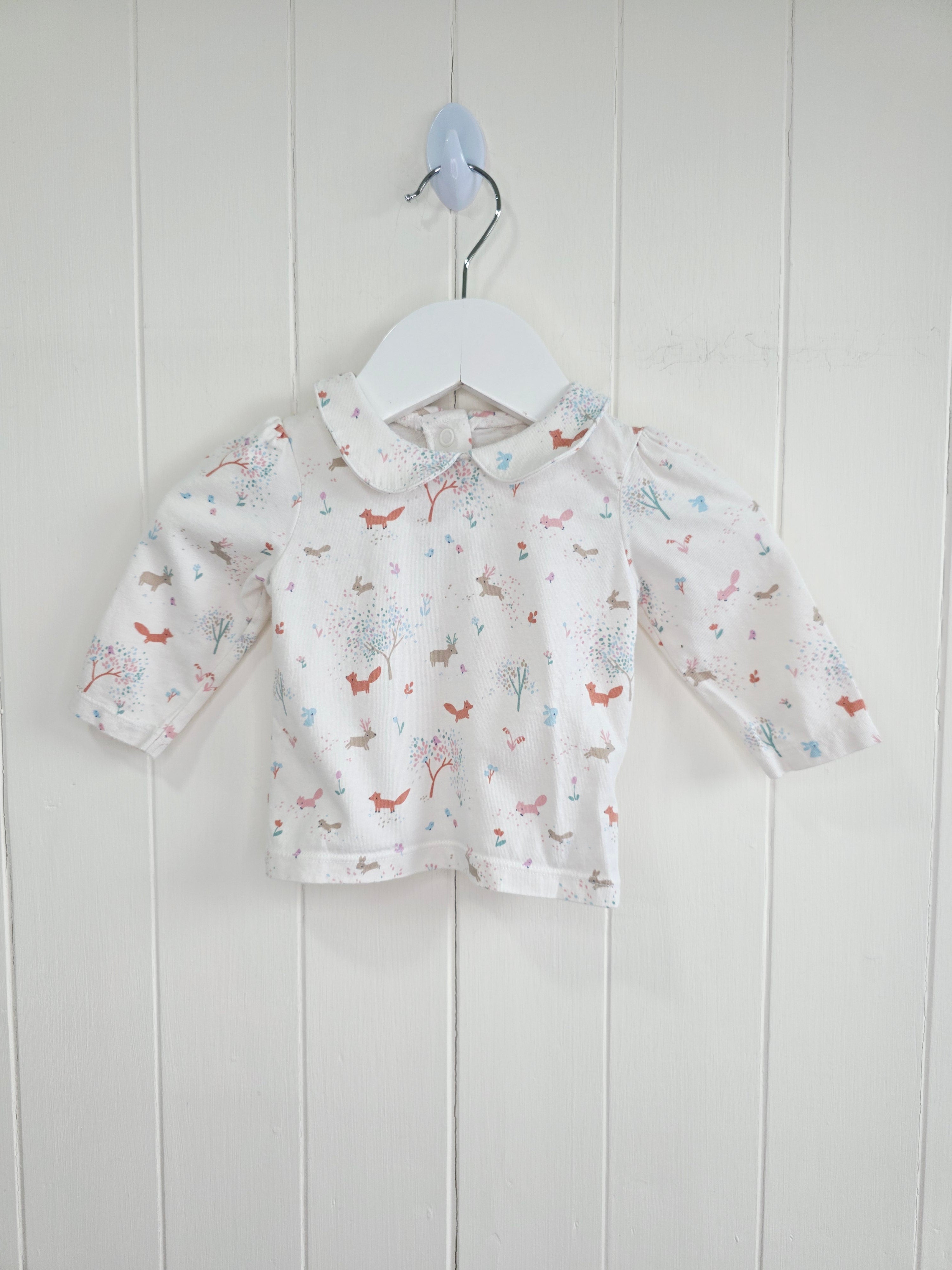 Nutmeg - 0-3 months girls woodland themed long sleeve top featuring Peter Pan collar