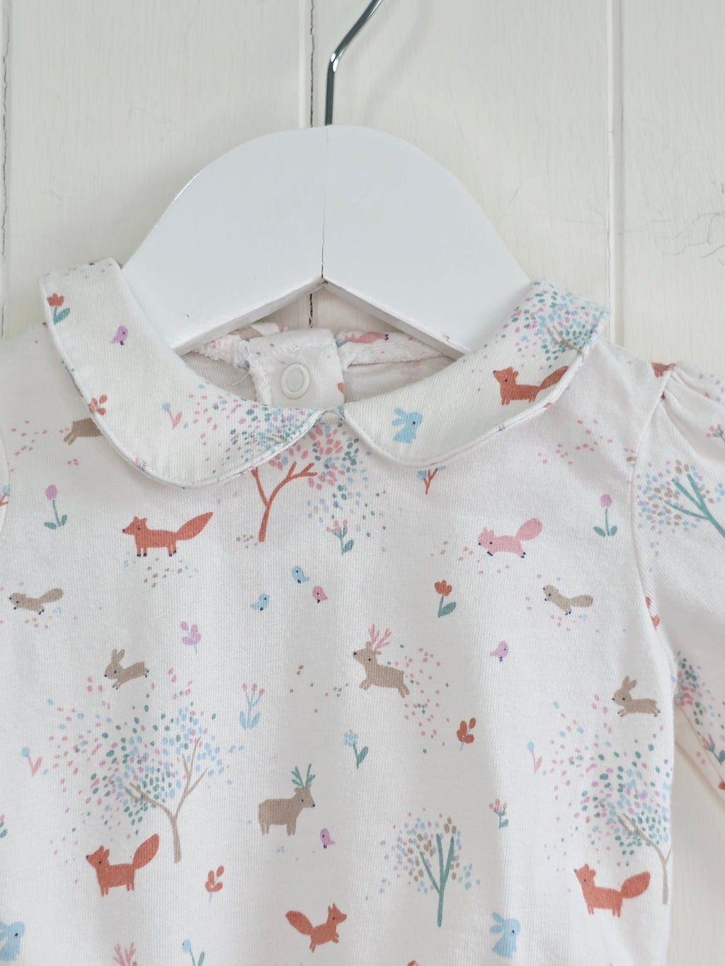 Nutmeg - 0-3 months girls woodland themed long sleeve top featuring Peter Pan collar