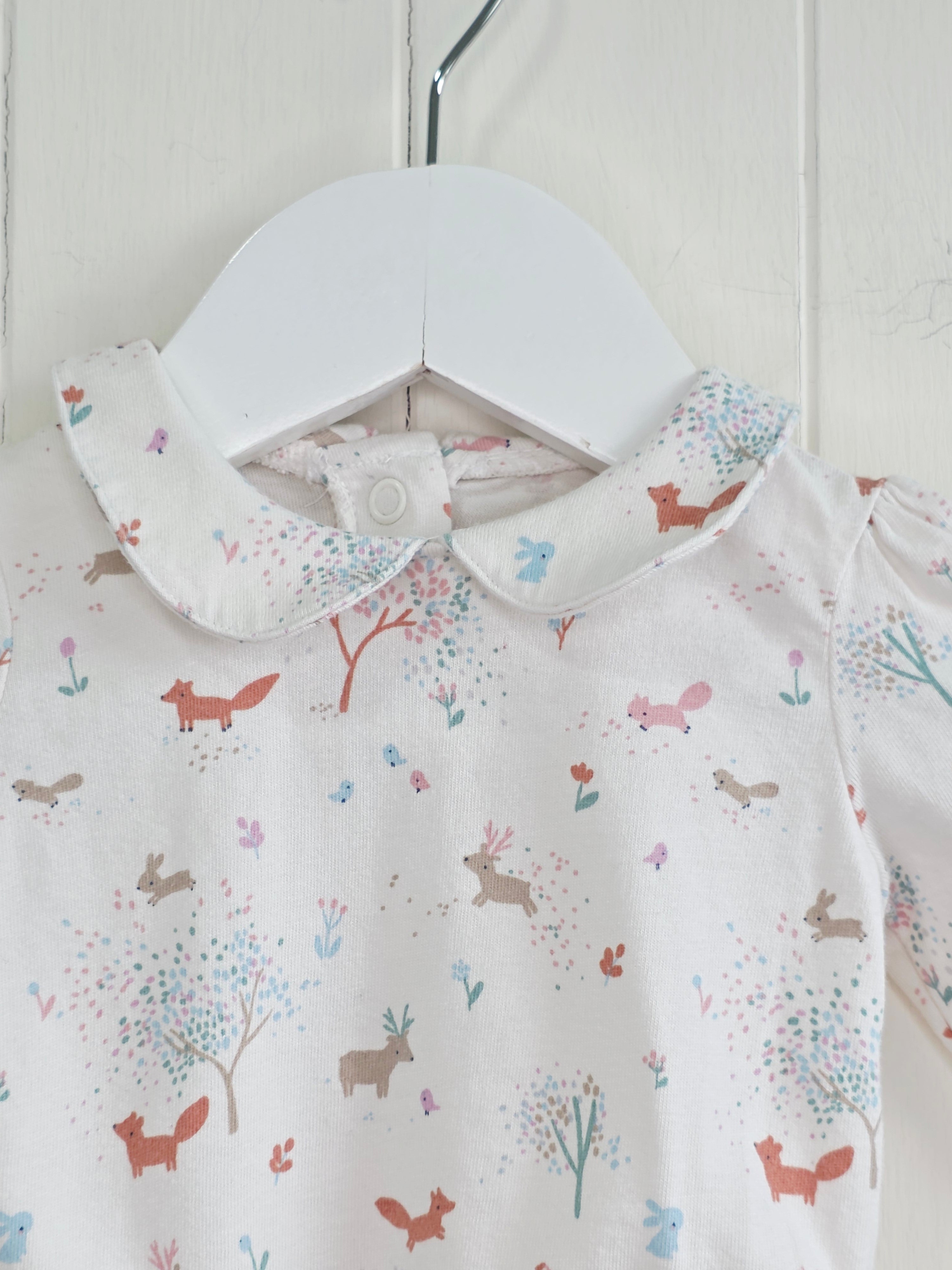 Nutmeg - 0-3 months girls woodland themed long sleeve top featuring Peter Pan collar