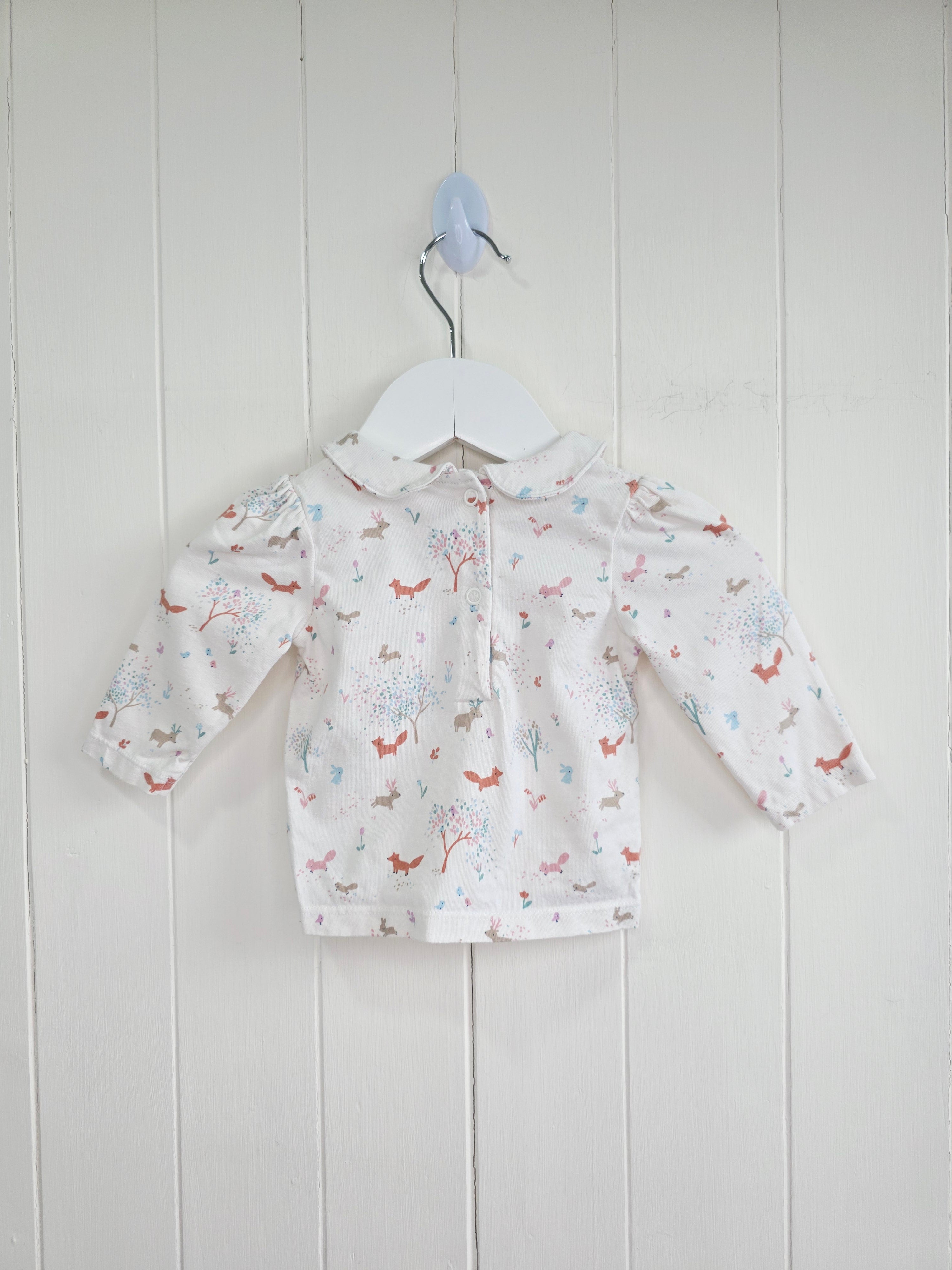 Nutmeg - 0-3 months girls woodland themed long sleeve top featuring Peter Pan collar