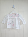Nutmeg -0-3 months girls white long sleeve top featuring floral yoke and elephant applique