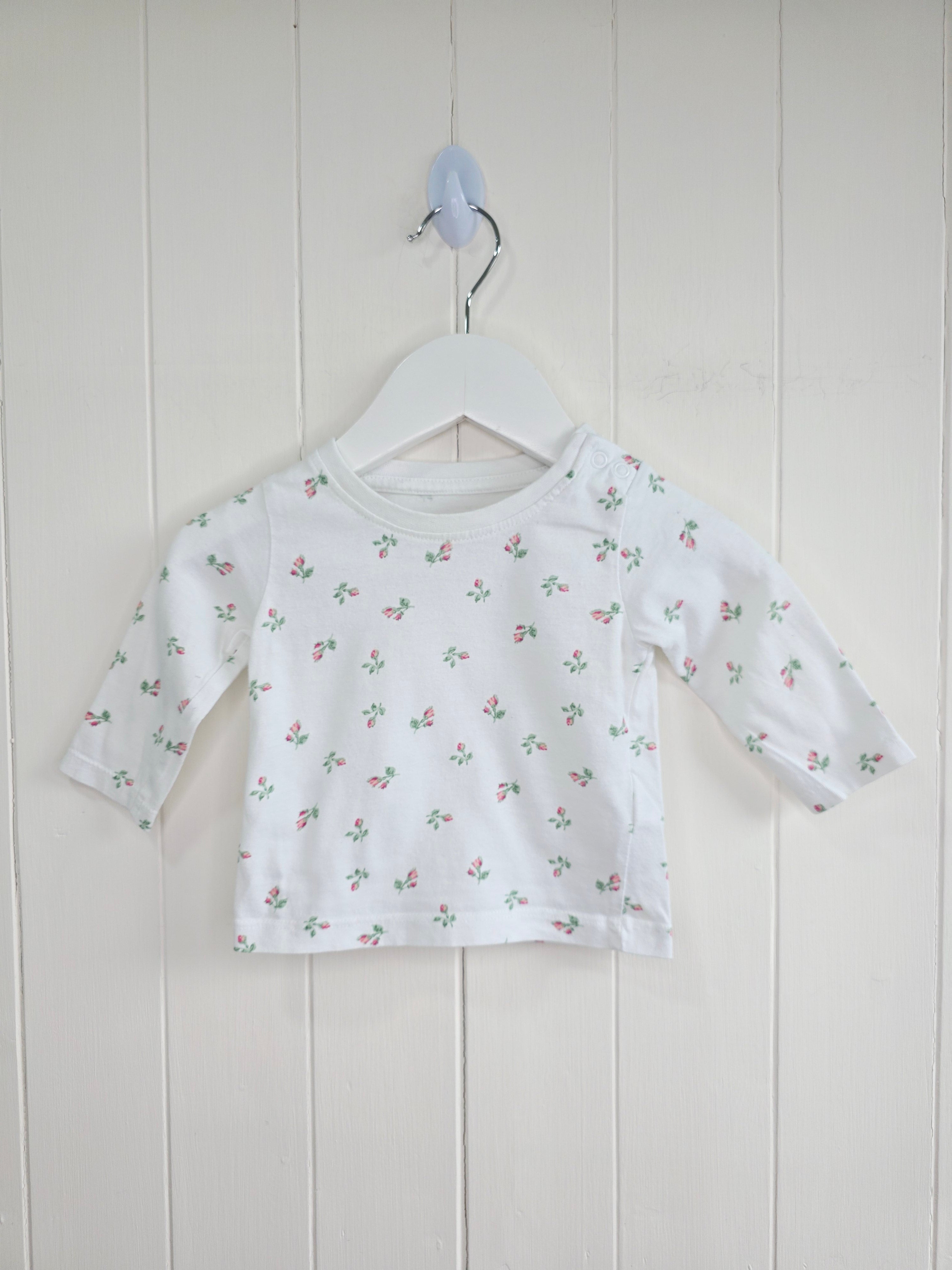 Primark - 0-3 months girls white roses printed long sleeve top