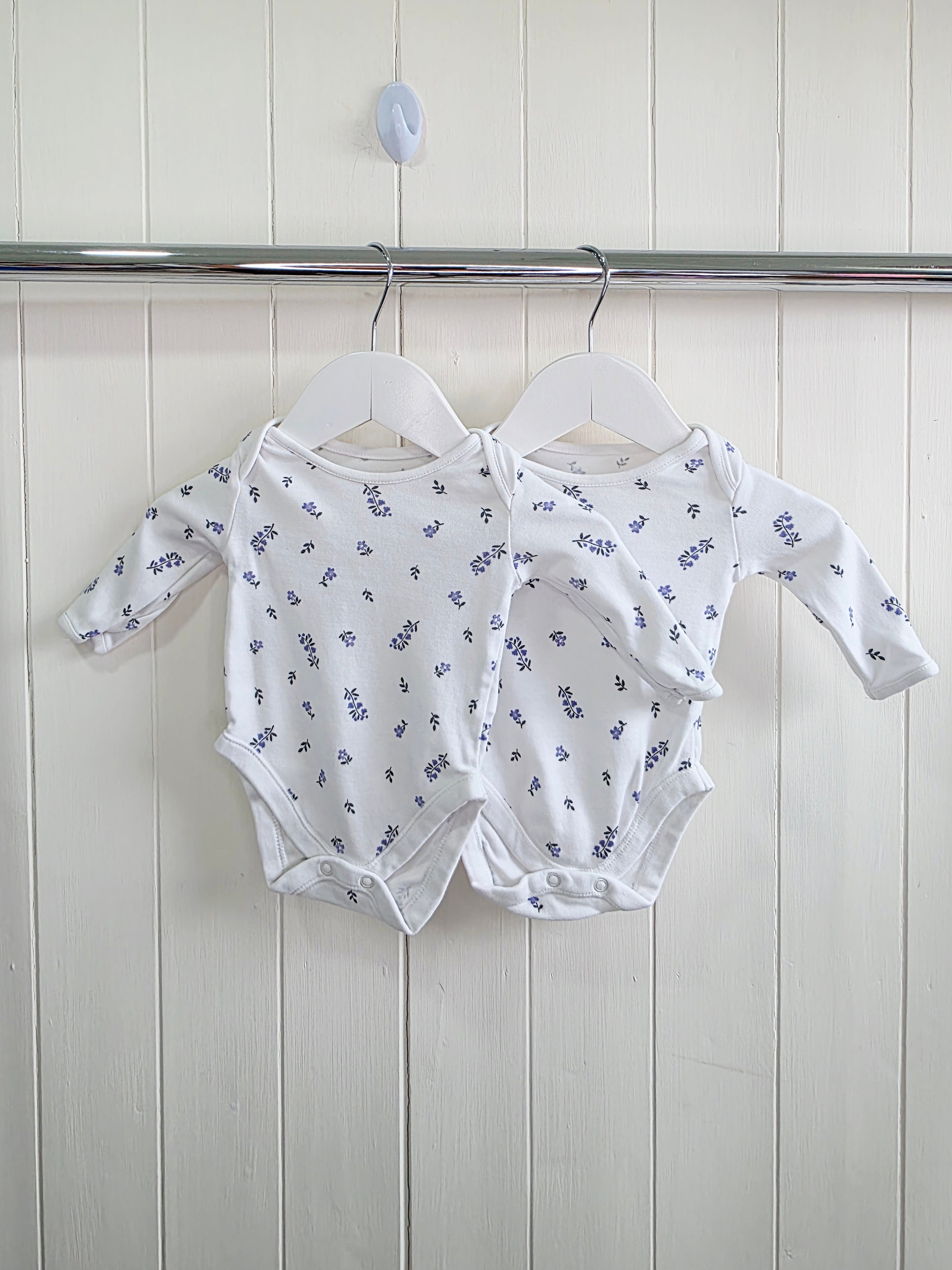 George - 0-3 months girls white blue floral long sleeve bodysuits