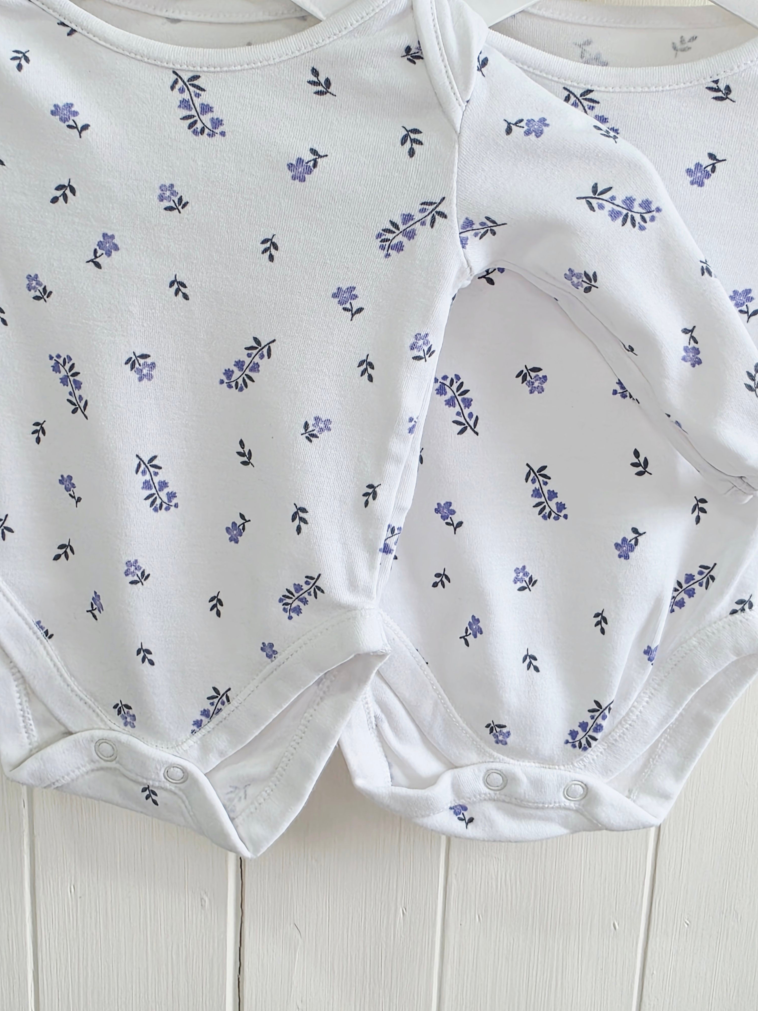 George - 0-3 months girls white blue floral long sleeve bodysuits