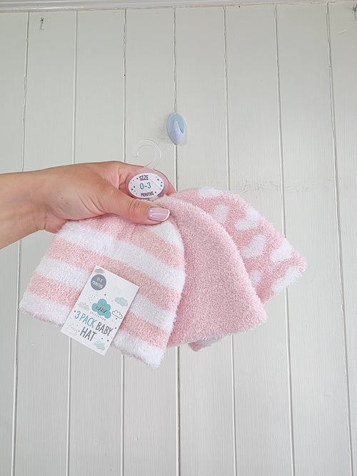 B&M - 0-3 months girls pink and white fluffy winter hats 3 pack