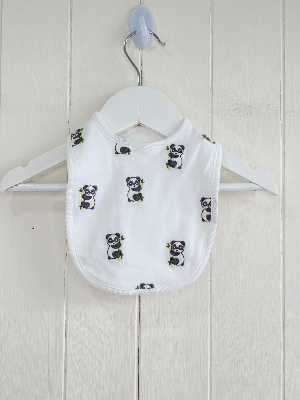JoJo Maman Bebe -one size unisex white feeding bib featuring embroidered panda