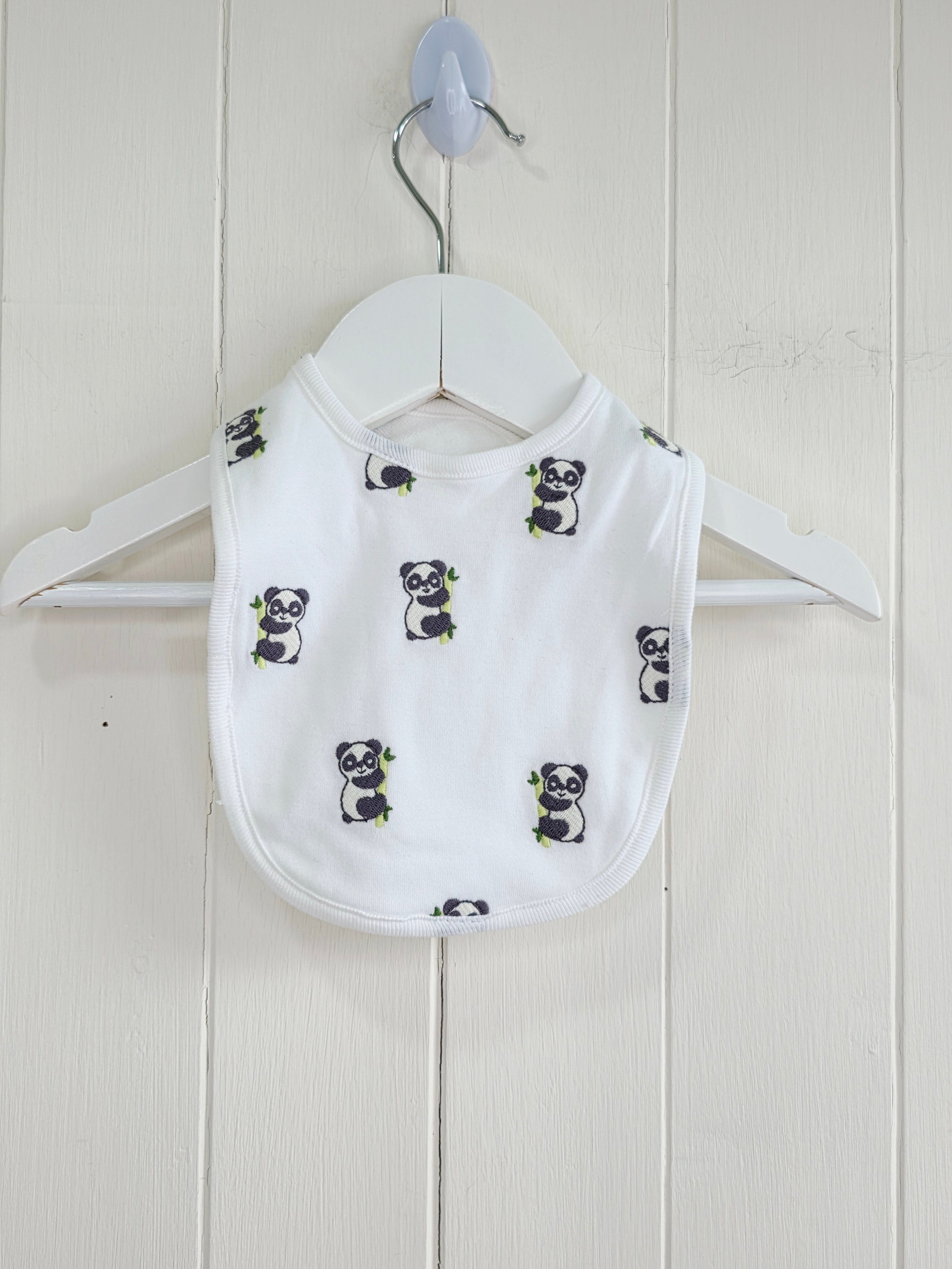 JoJo Maman Bebe -one size unisex white feeding bib featuring embroidered panda