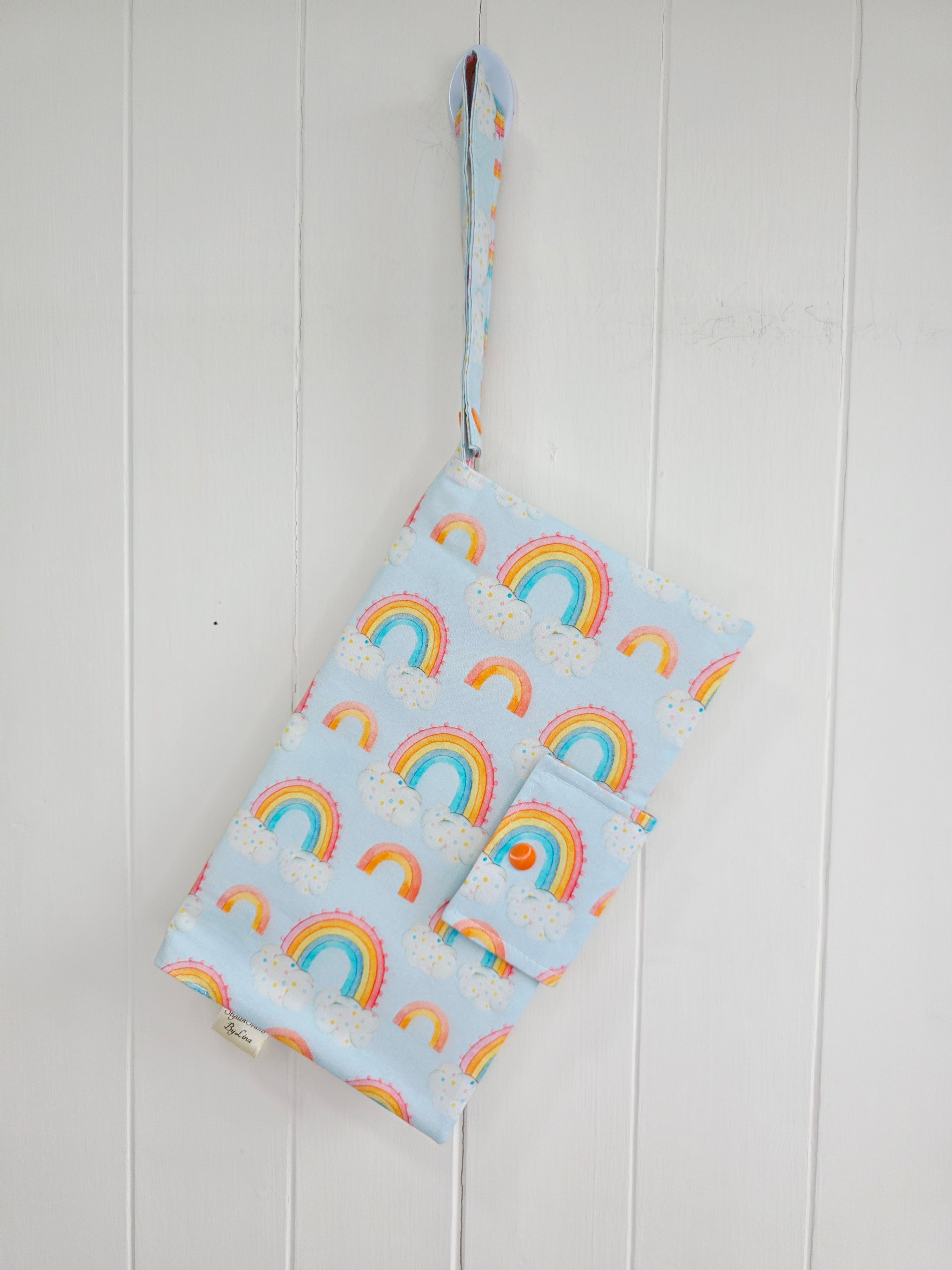 Handmade - mini nappies and wet wipes wallet/pouch featuring rainbow print