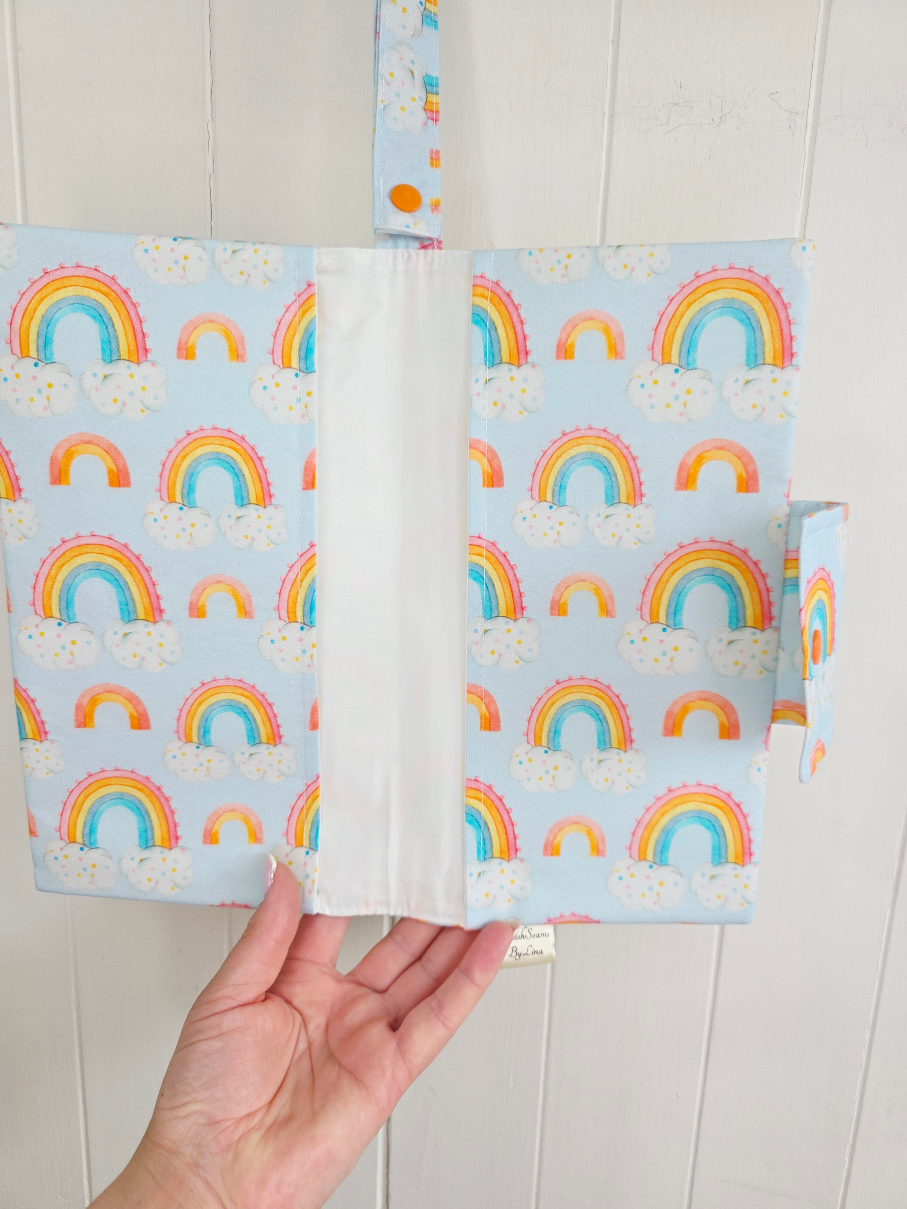 Handmade - mini nappies and wet wipes wallet/pouch featuring rainbow print