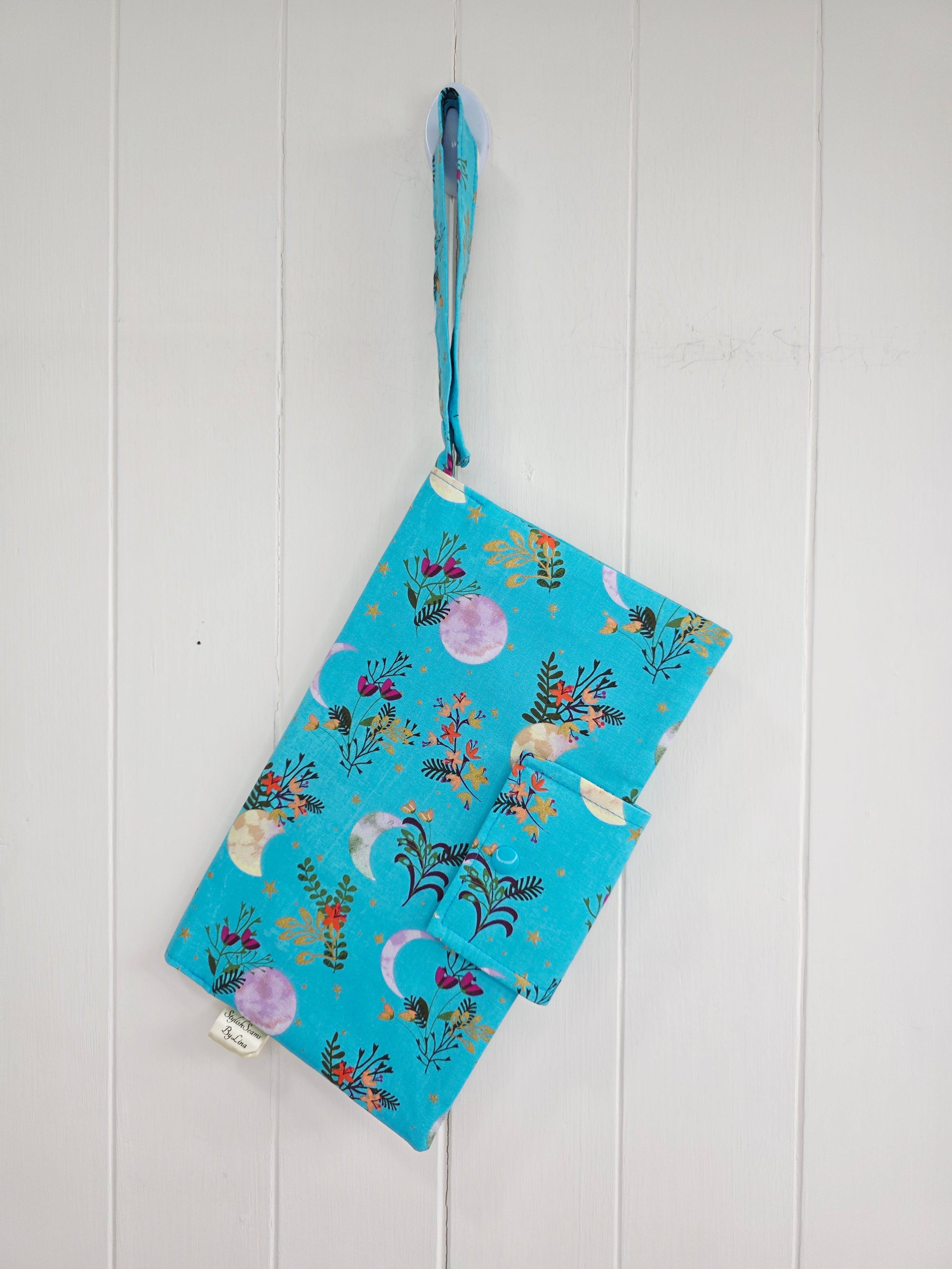 Handmade - mini nappies and wet wipes wallet/pouch featuring floral moon print