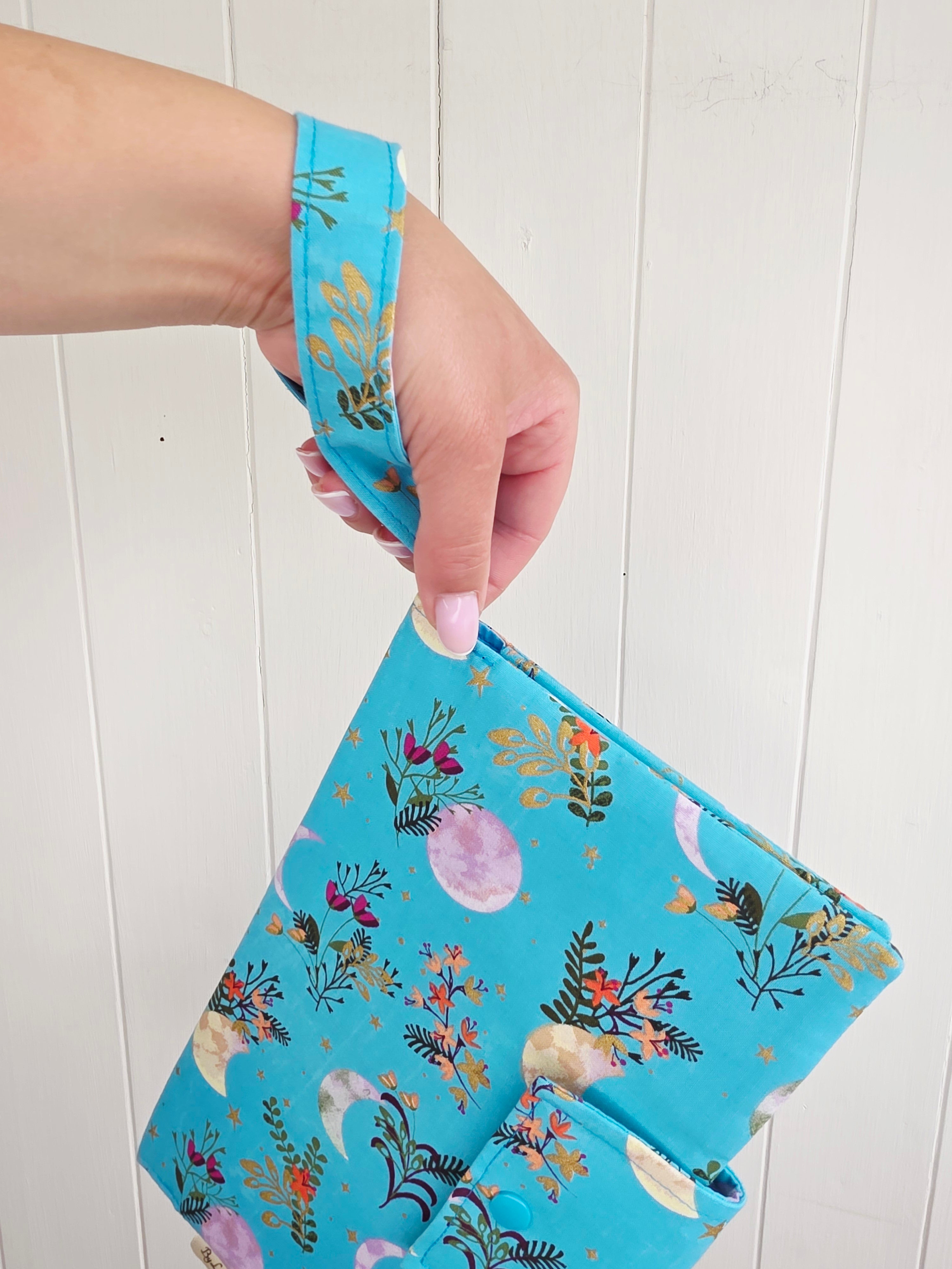 Handmade - mini nappies and wet wipes wallet/pouch featuring floral moon print