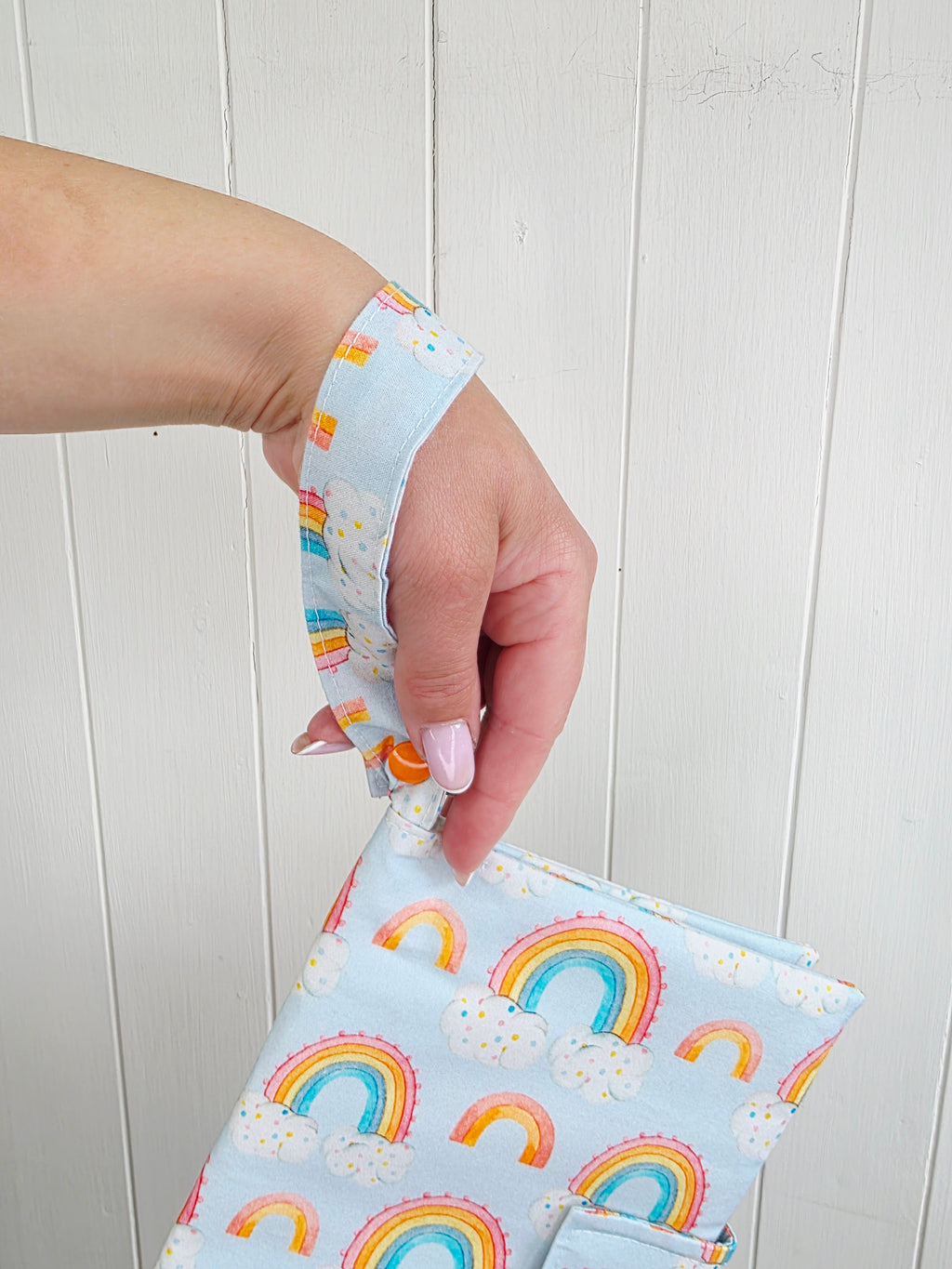Handmade - mini nappies and wet wipes wallet/pouch featuring rainbow print