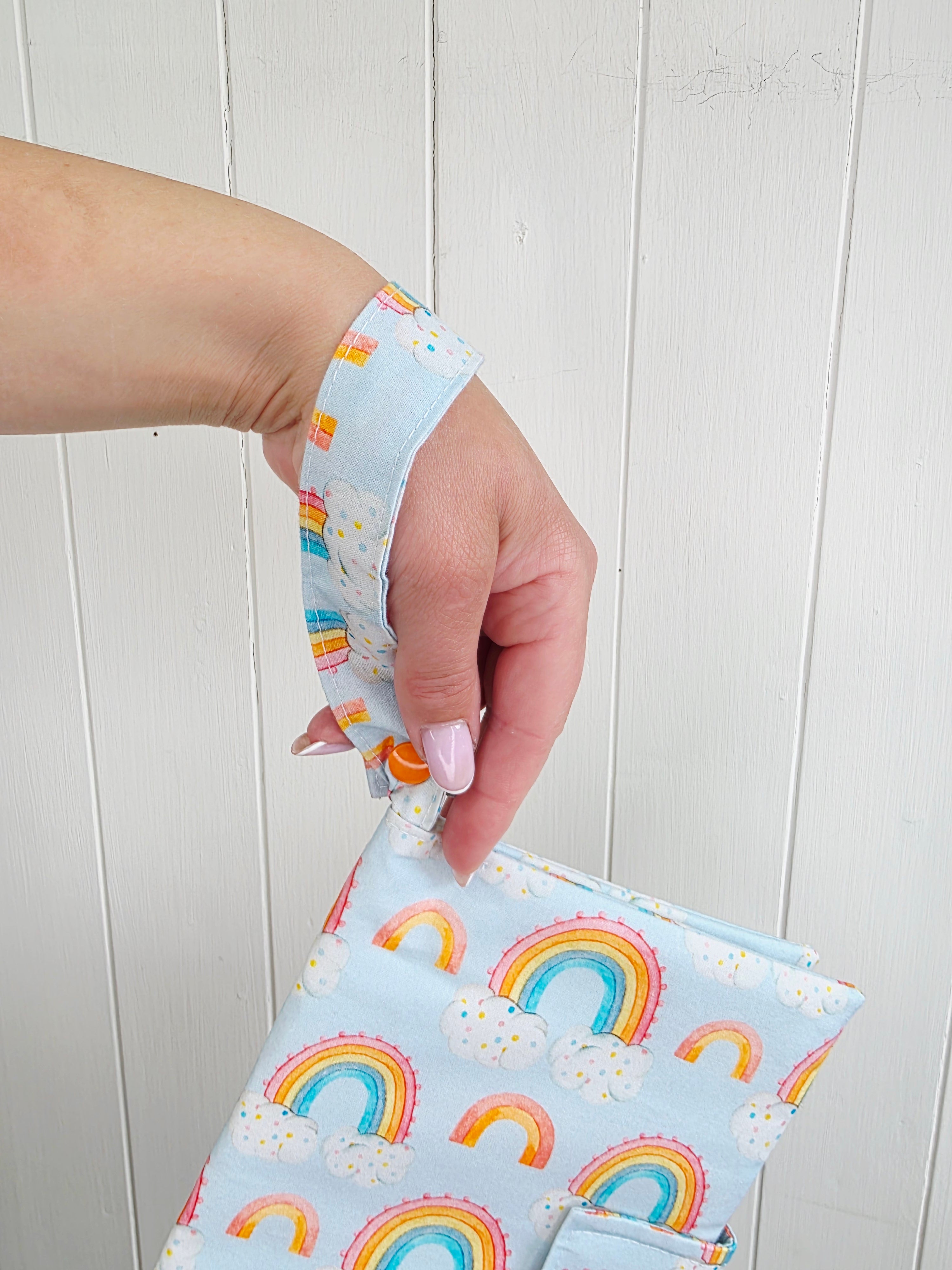 Handmade - mini nappies and wet wipes wallet/pouch featuring rainbow print