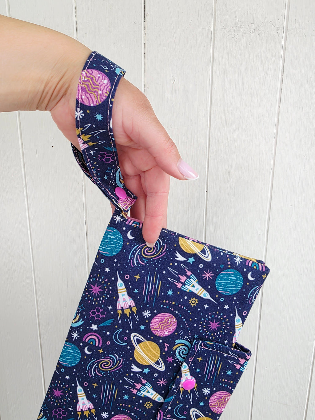 Handmade - mini nappies and wet wipes wallet/pouch featuring space print